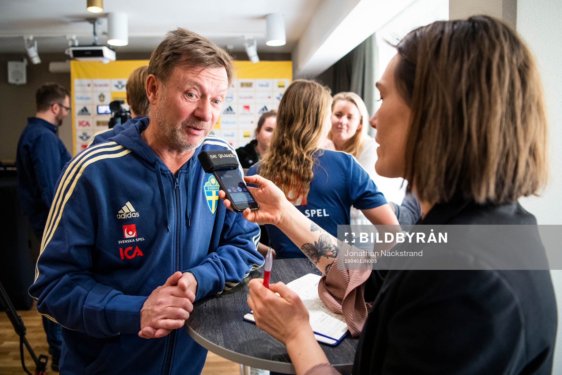 Sweden's head coach Peter Gerhardsson speaks to the media