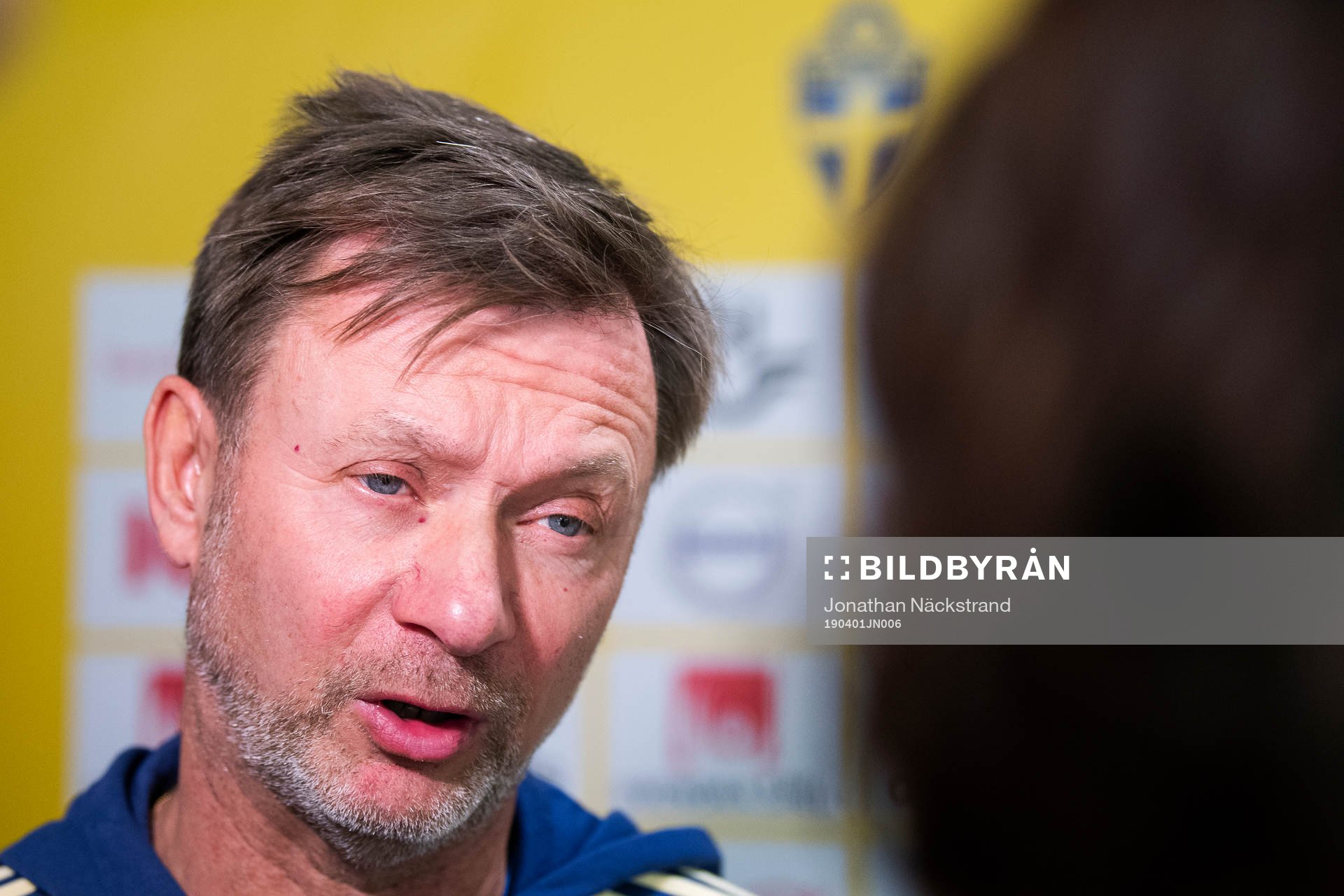 Sweden's head coach Peter Gerhardsson speaks to the media during a mixed zone on April 1, 2019 in Stockholm. 