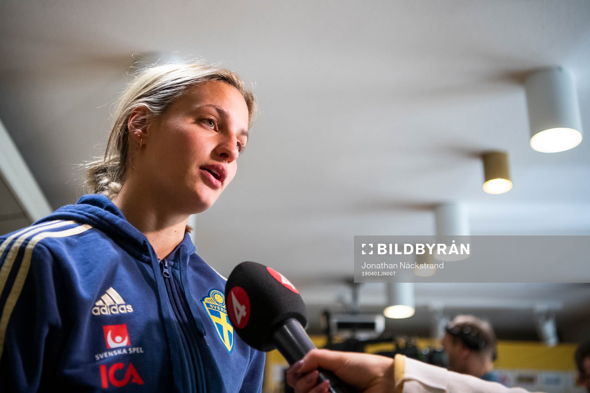 Sweden's Nathalie Björn speaks to the media