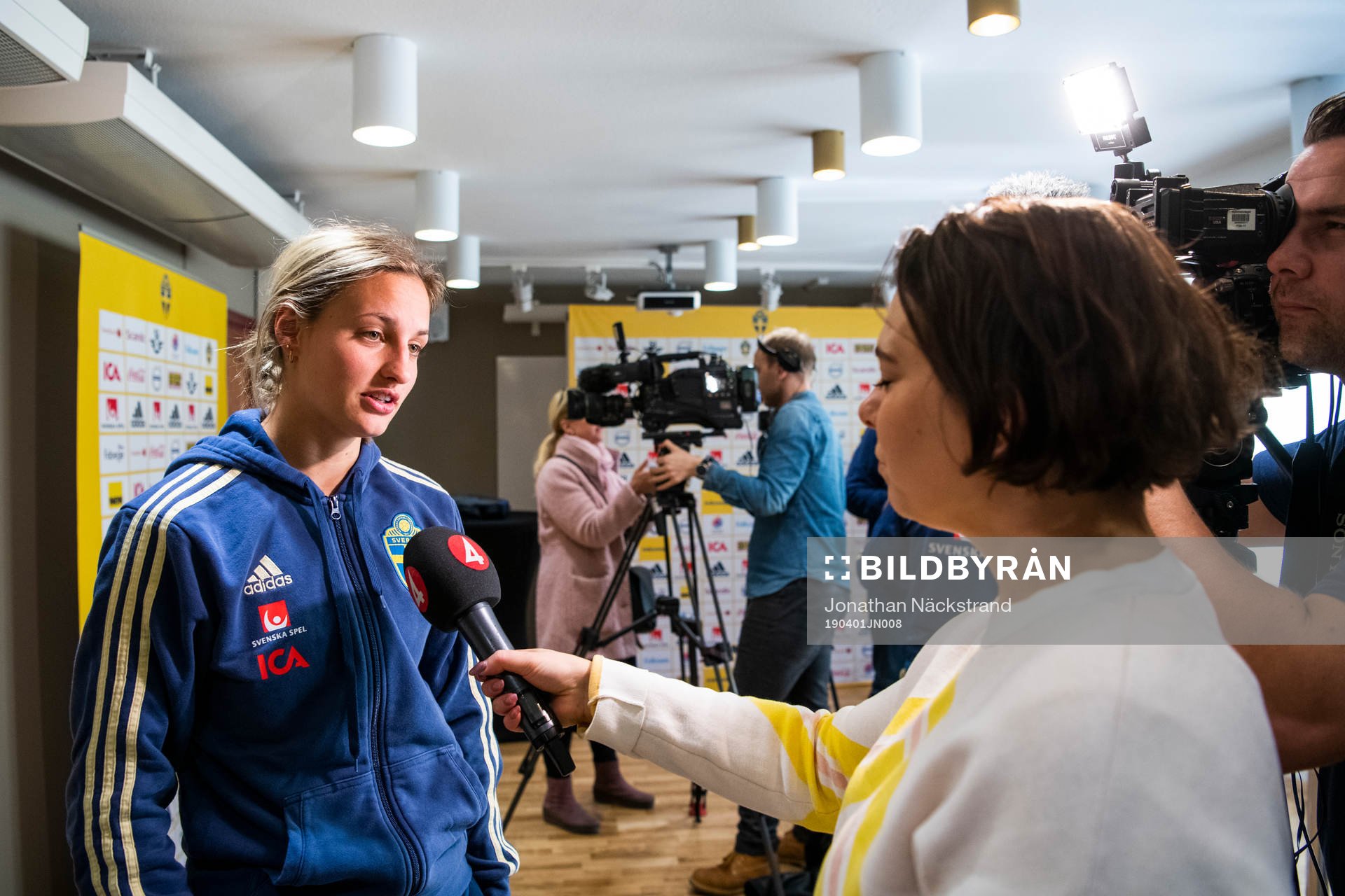Sweden's Nathalie Björn speaks to the media