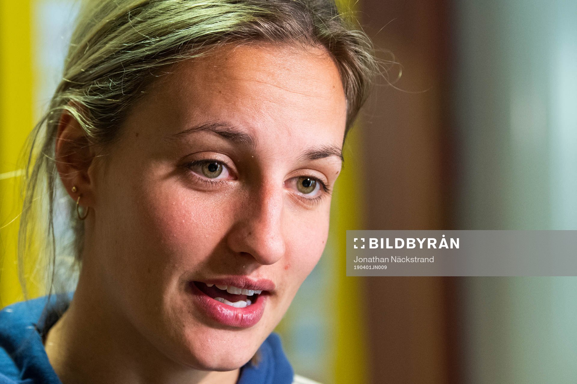 Sweden's Nathalie Björn speaks to the media