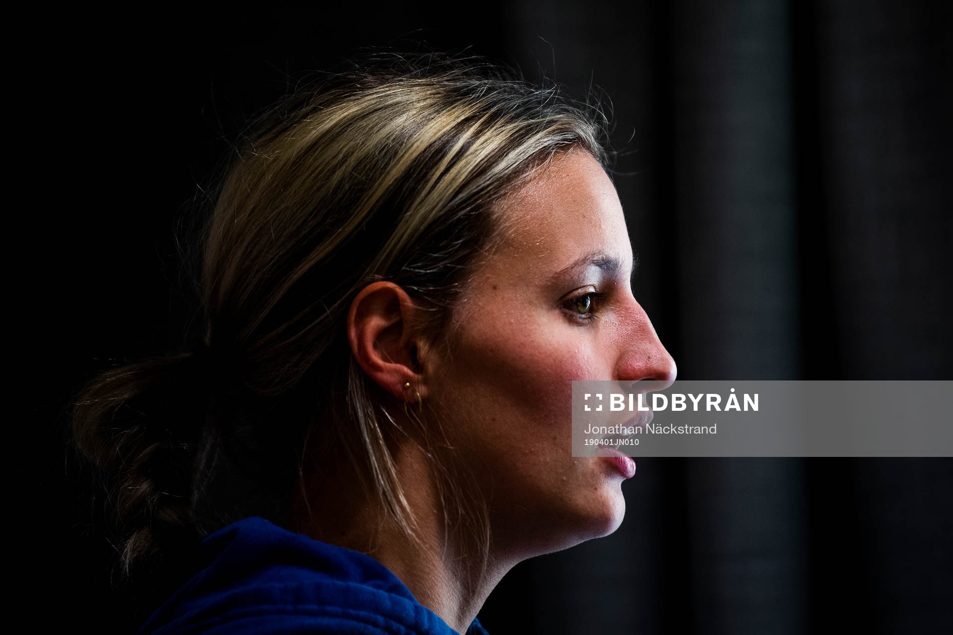 Sweden's Nathalie Björn speaks to the media