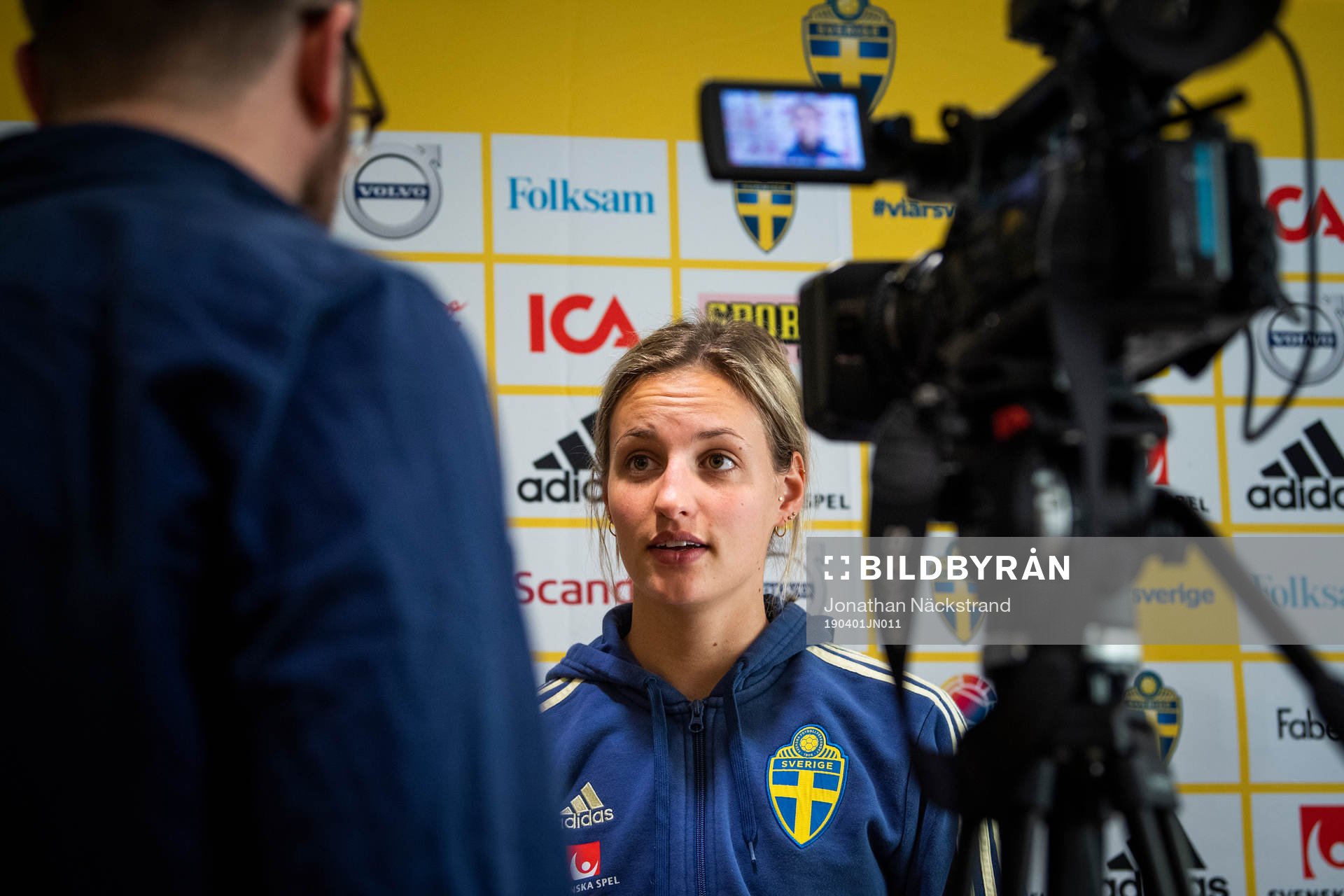 Sweden's Nathalie Björn speaks to the media