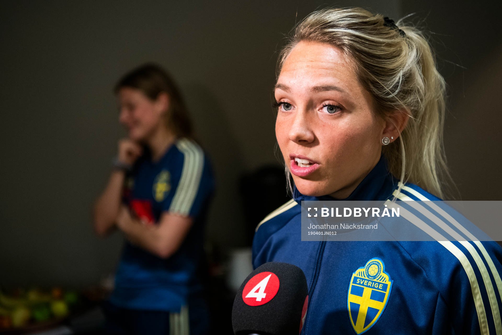Sweden's Elin Rubensson speaks to the media