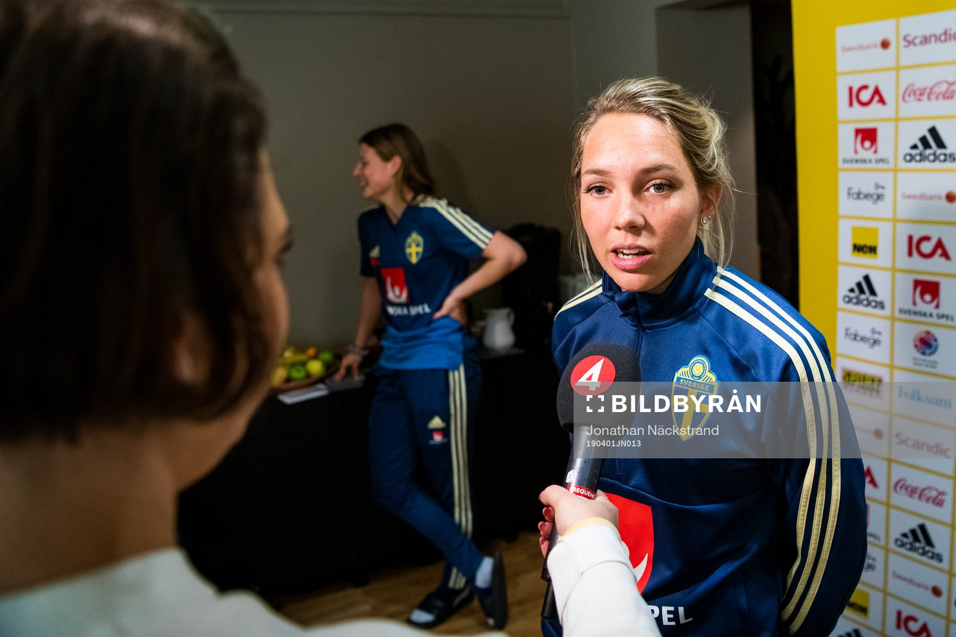 Sweden's Elin Rubensson speaks to the media