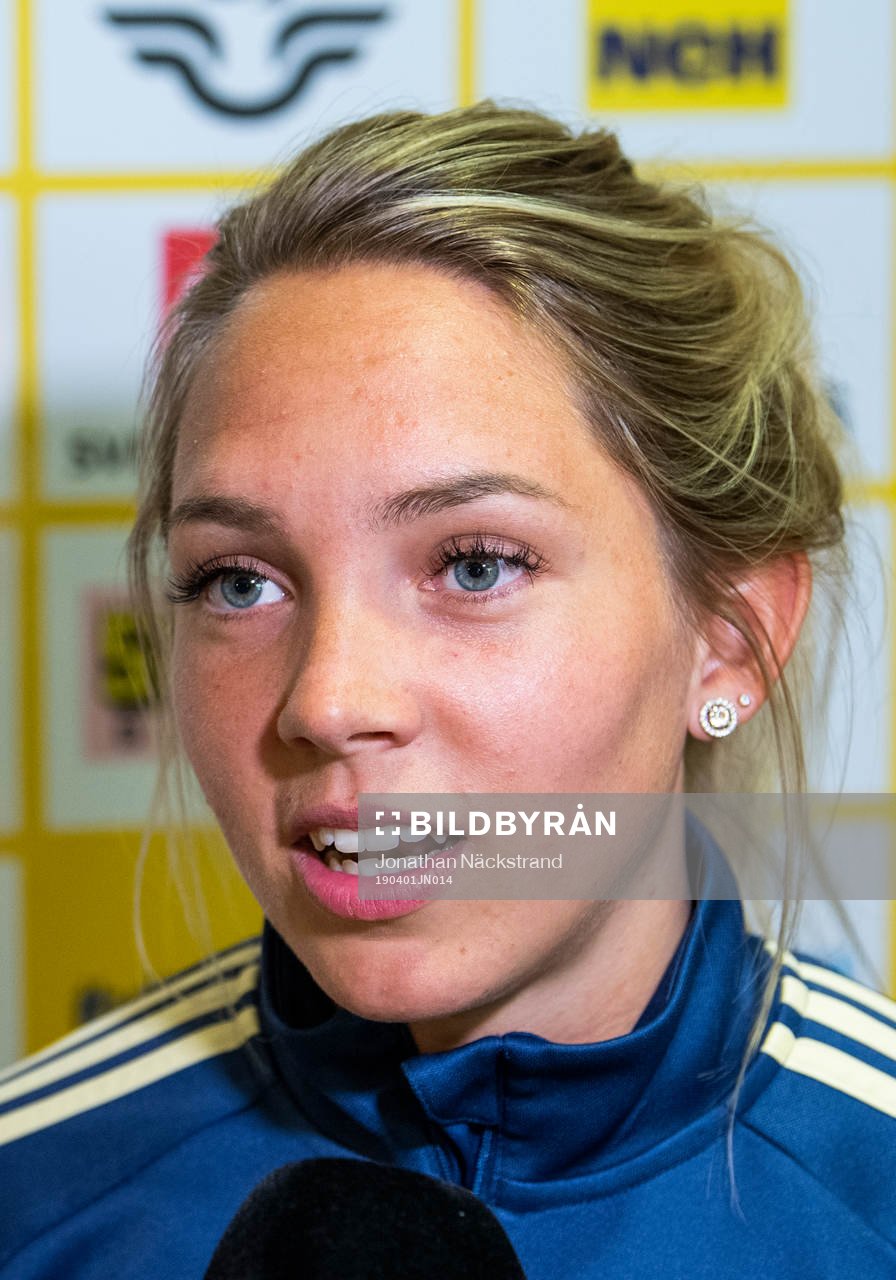 Sweden's Elin Rubensson speaks to the media during a mixed zone on April 1, 2019 in Stockholm. 