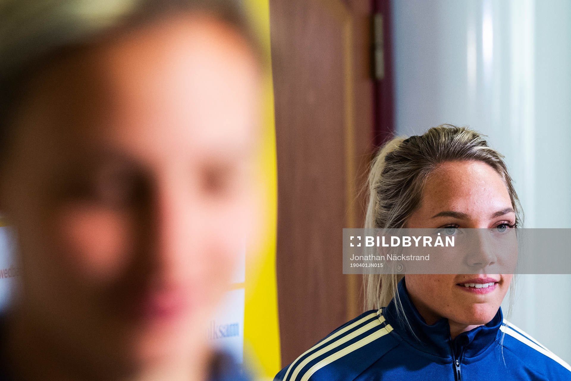 Sweden's Elin Rubensson speaks to the media