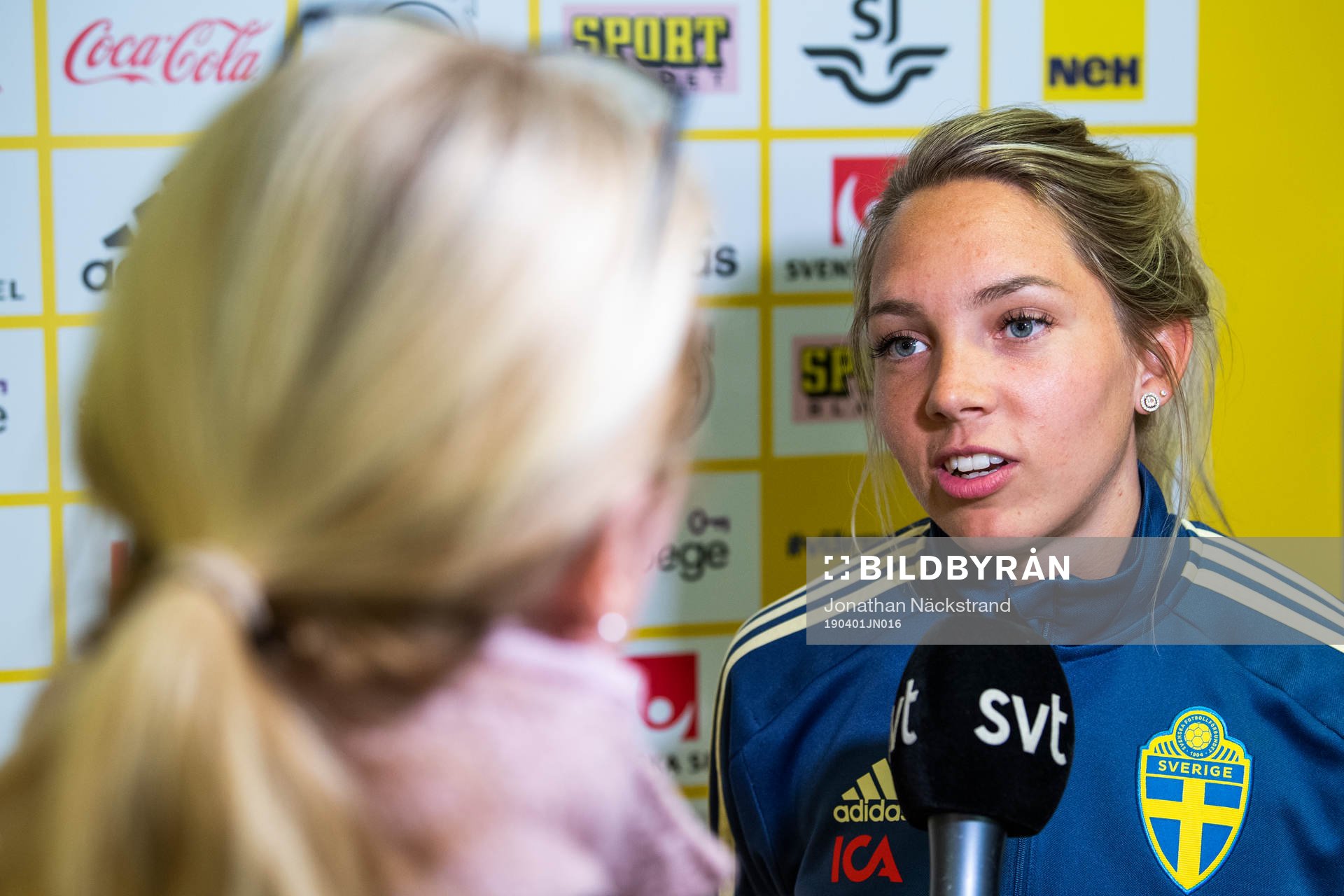 Sweden's Elin Rubensson speaks to the media