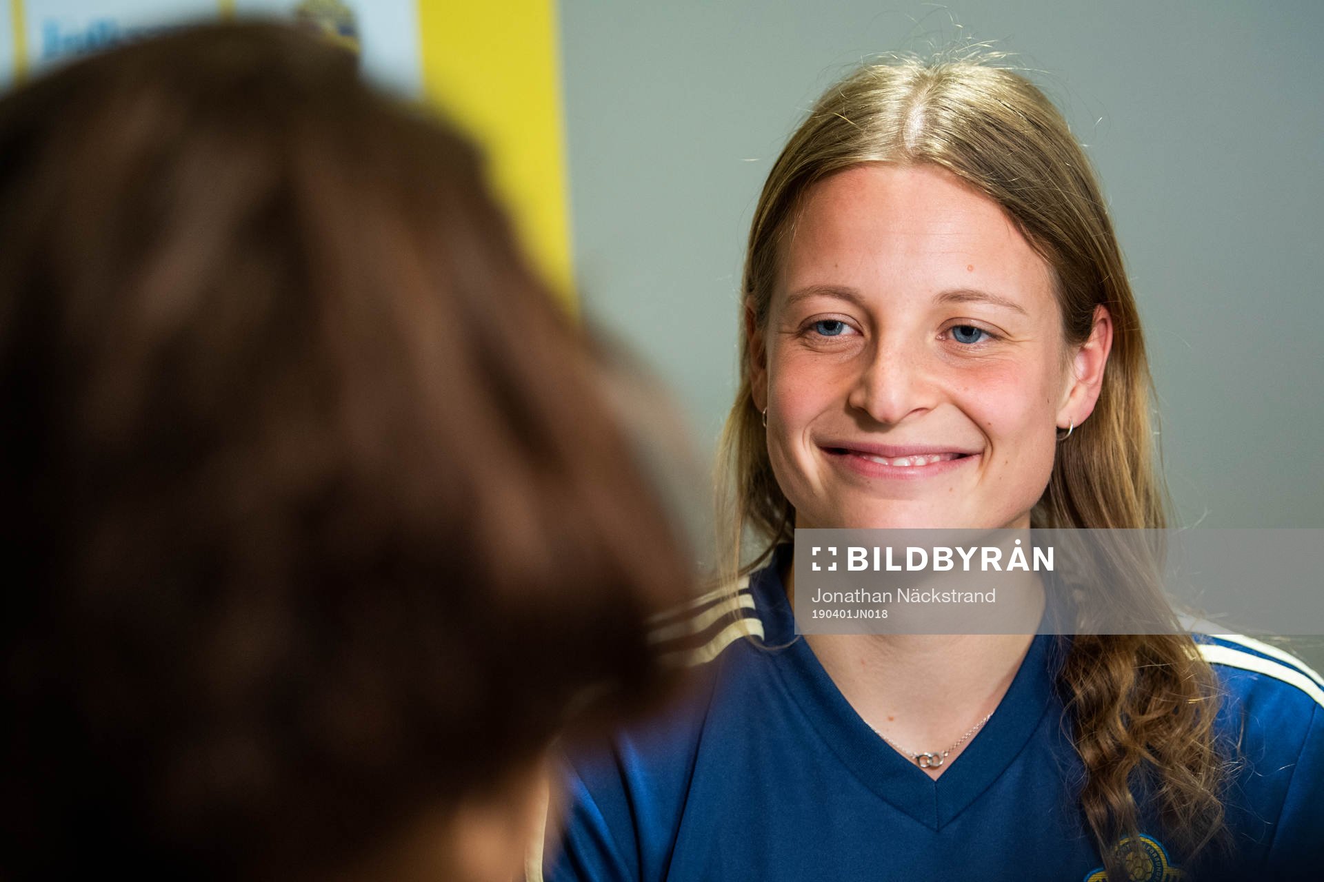 Sweden's Anna Anvegård speaks to the media