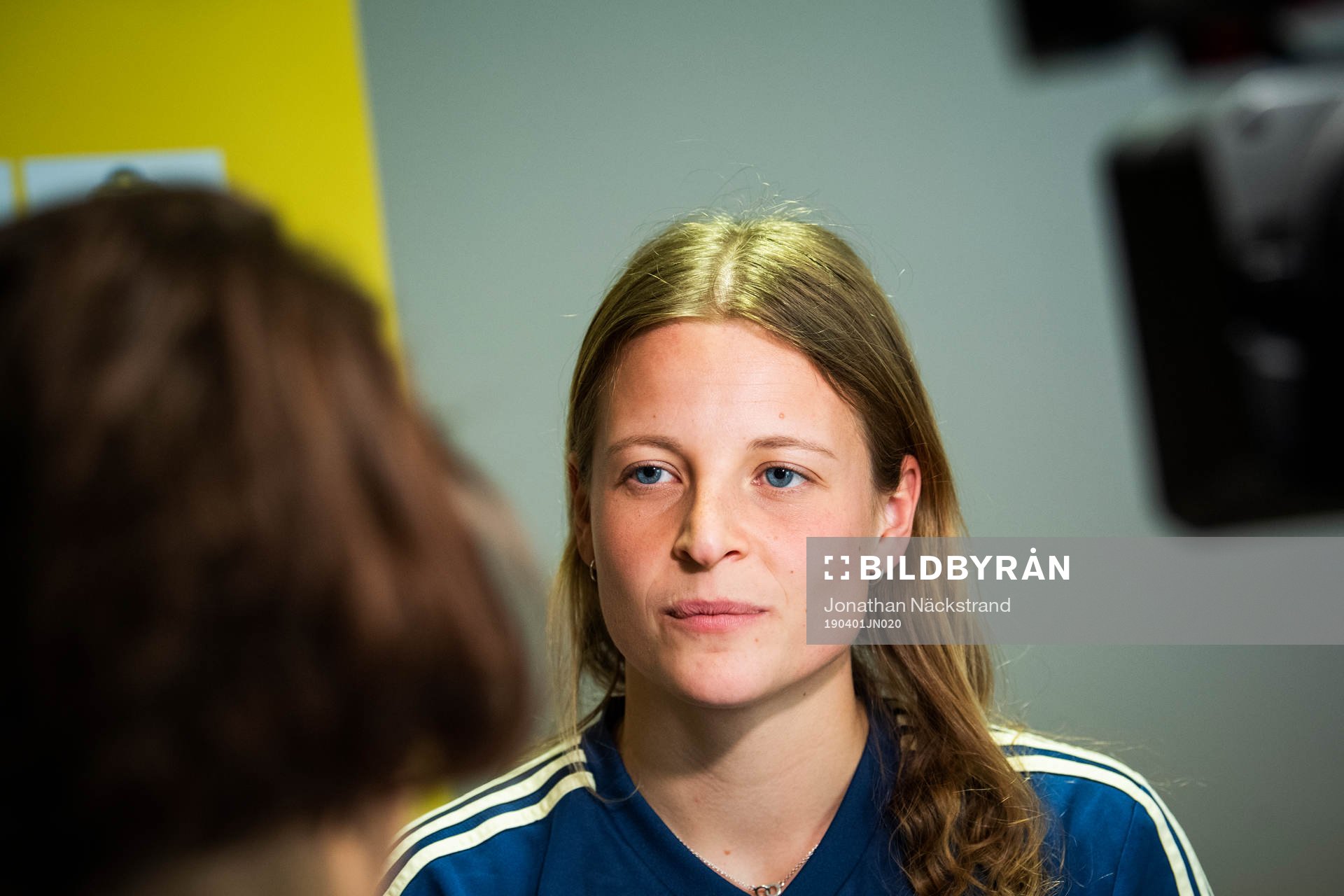 Sweden's Anna Anvegård speaks to the media