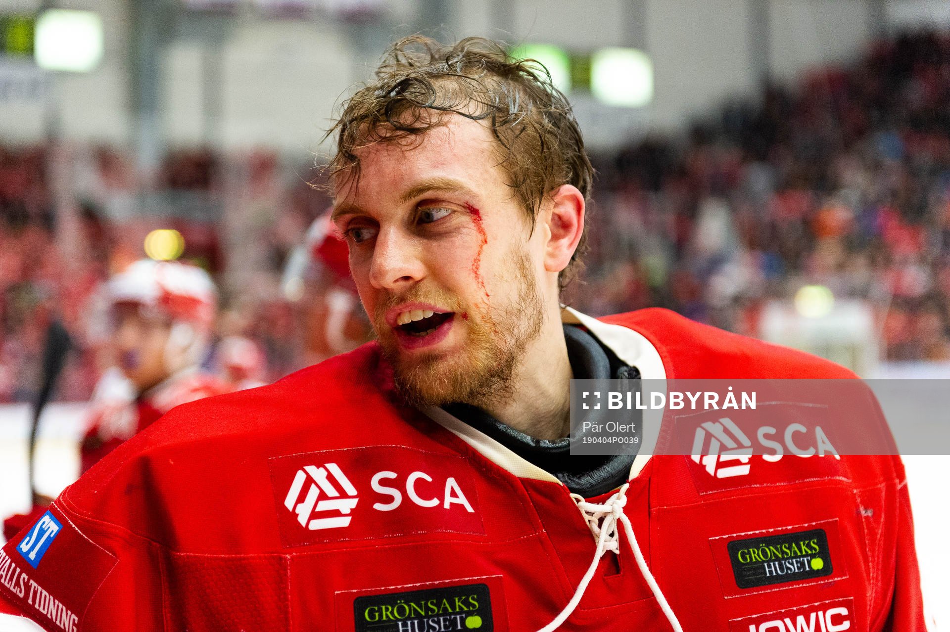 Timrås målvakt Niklas Svedberg blöder lite vid ögat