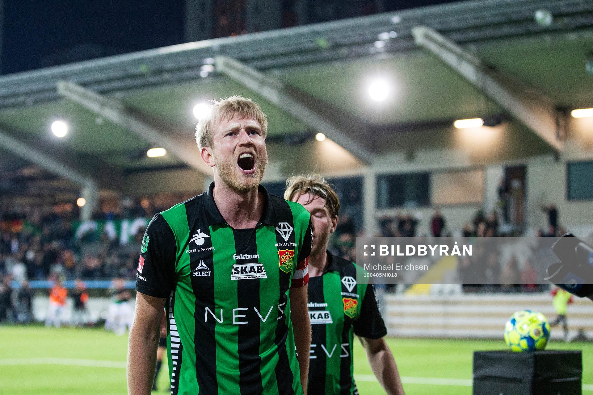 GAIS Carl Elfgren Nyström jublar efter 1-1 under fotbollsmatchen i Superettan mellan Gais och Öster den 5 april 2019 i Göteborg.