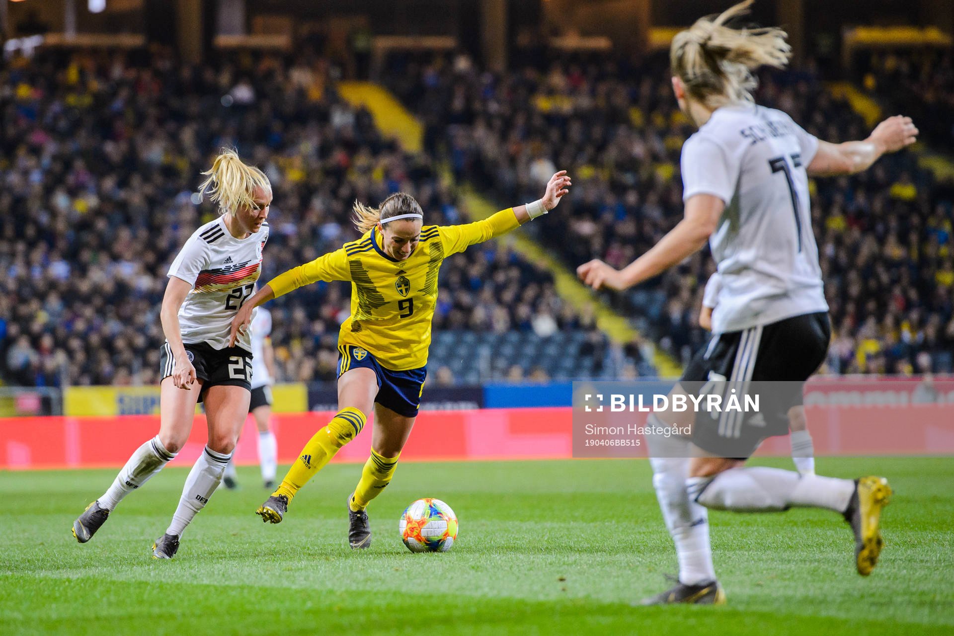 Turid Knaak of Germany and Kosovare Asllani of Sweden during the women’s international friendly football match between Sweden and Germany on April 6, 2019 in Stockholm.