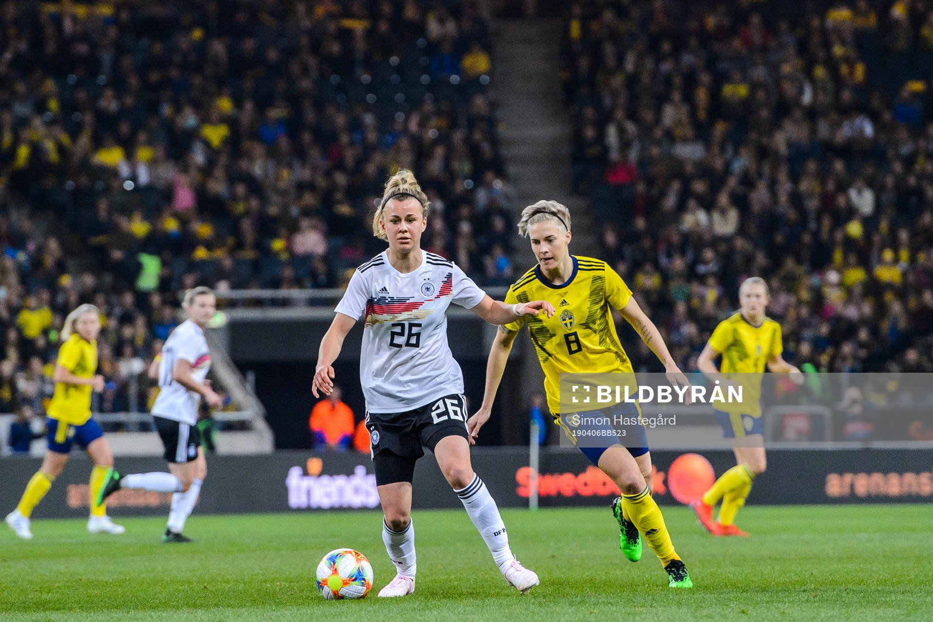 Lena Lattwein of Germany and Lina Hurtig of Sweden during the women’s international friendly football match between Sweden and Germany on April 6, 2019 in Stockholm.