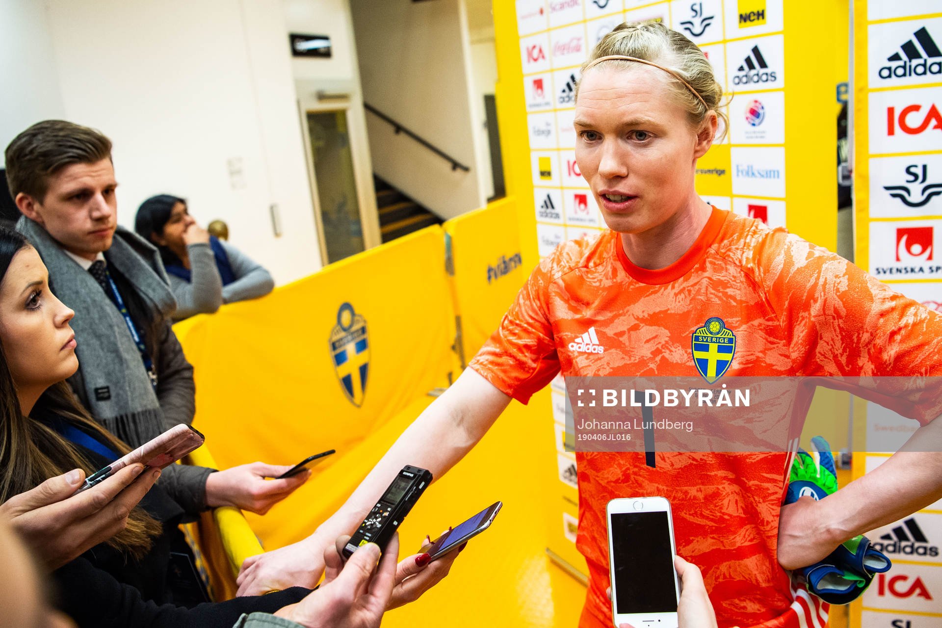 goalkeeper Hedvig Lindahl of Sweden in the mixed zone after the women’s international friendly football match between Sweden and Germany on April 6, 2019 in Stockholm.