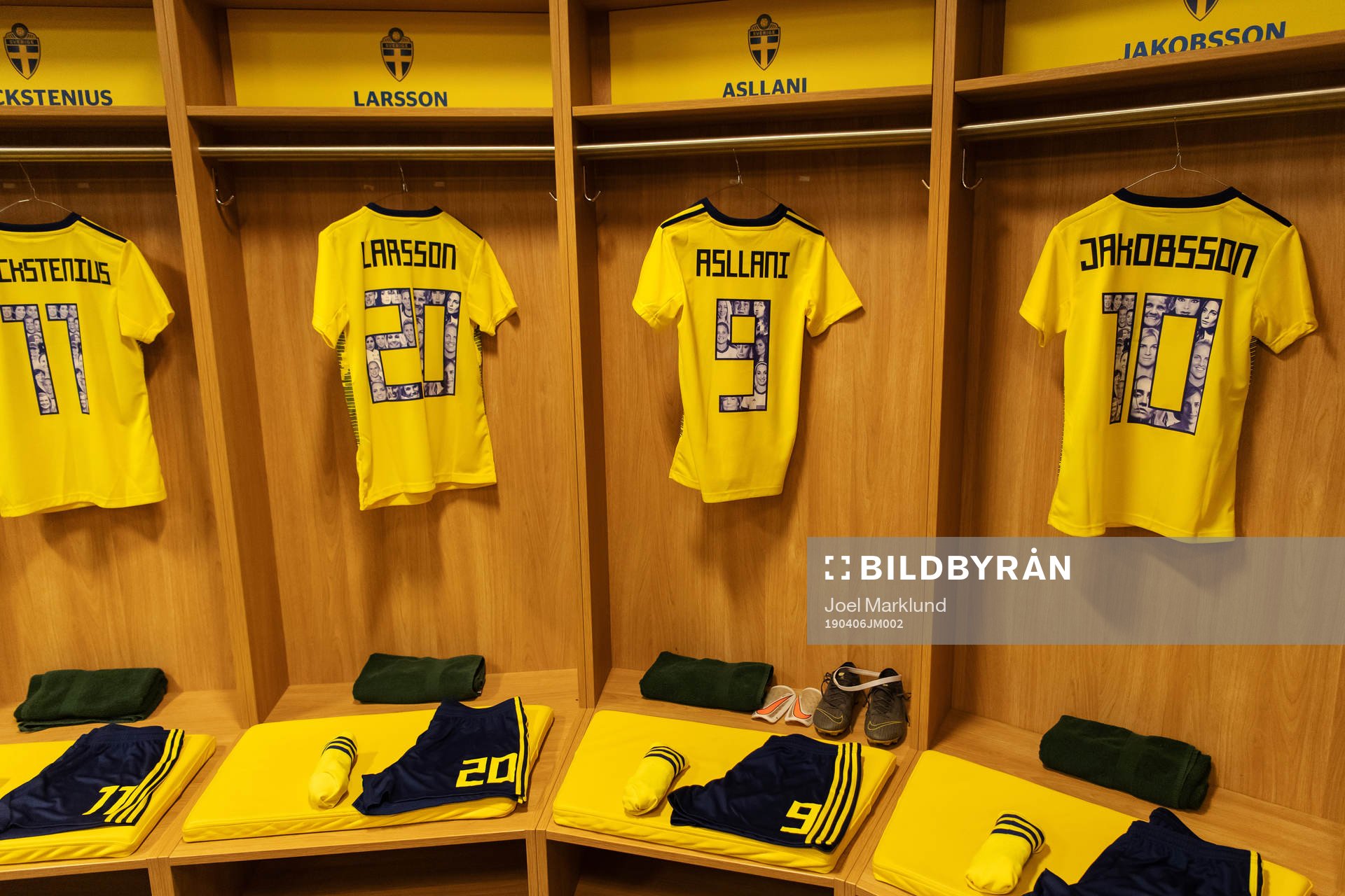 Jerseys of Stina Blackstenius, Mimmi Larsson, Kosovare Asllani and Sofia Jakobsson are seen in team Sweden's locker room ahead of the women's international friendly football match between Sweden and Germany on April 6, 2019 in Stockholm.