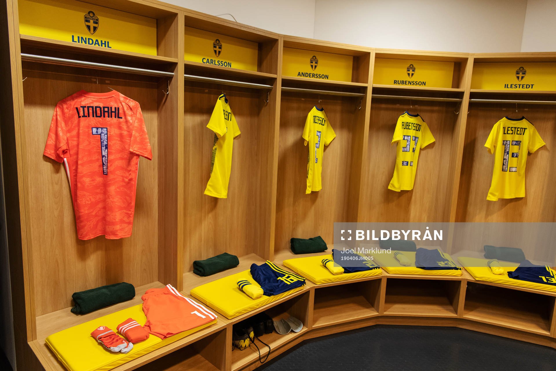 Jerseys of Hedvig Lindahl, Mia Carlsson, Jonna Andersson, Elin Rubensson and Amanda Ilestedt are seen in team Sweden's locker room ahead of the women's international friendly football match between Sweden and Germany on April 6, 2019 in Stockholm.