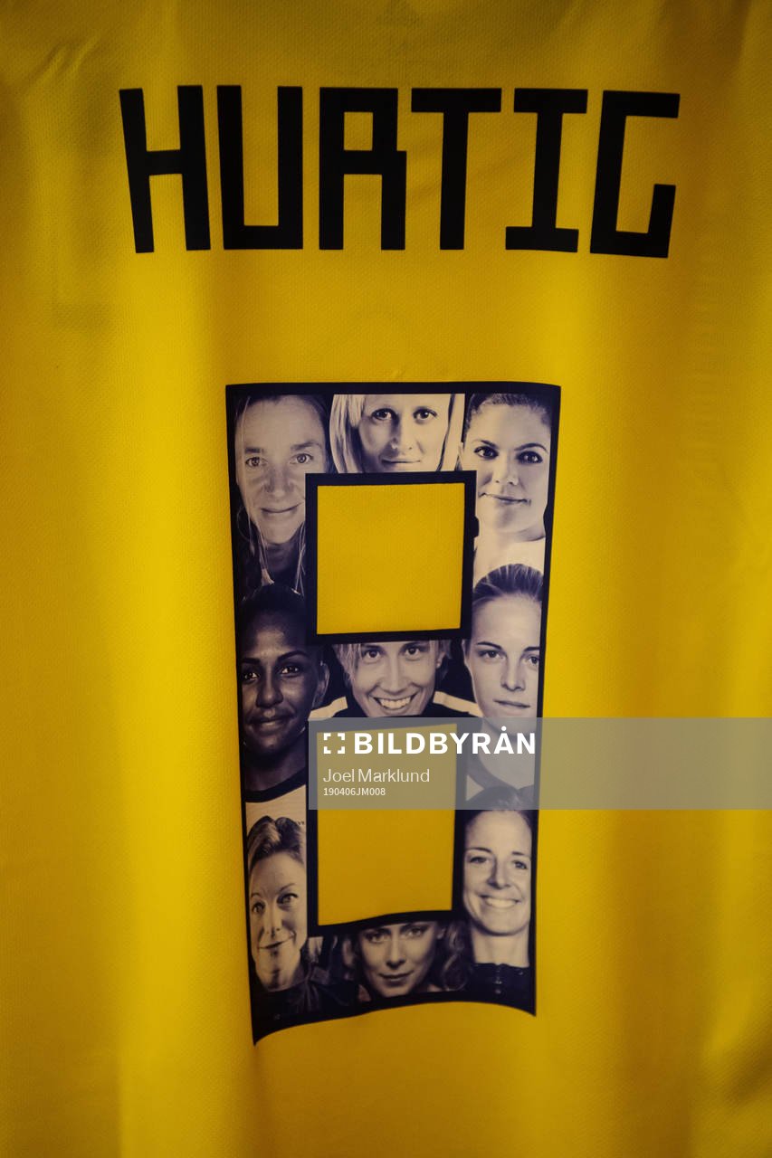 A jersey of Lina Hurtig is seen in team Sweden's locker room