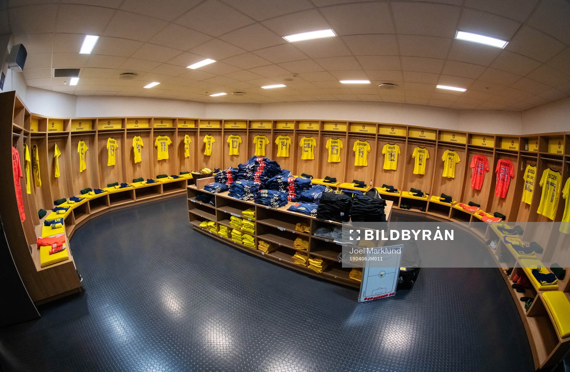 Jerseys of players in team Sweden are seen in their locker