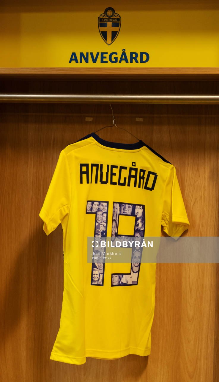 A jersey of Anna Anvegård is seen in team Sweden's locker