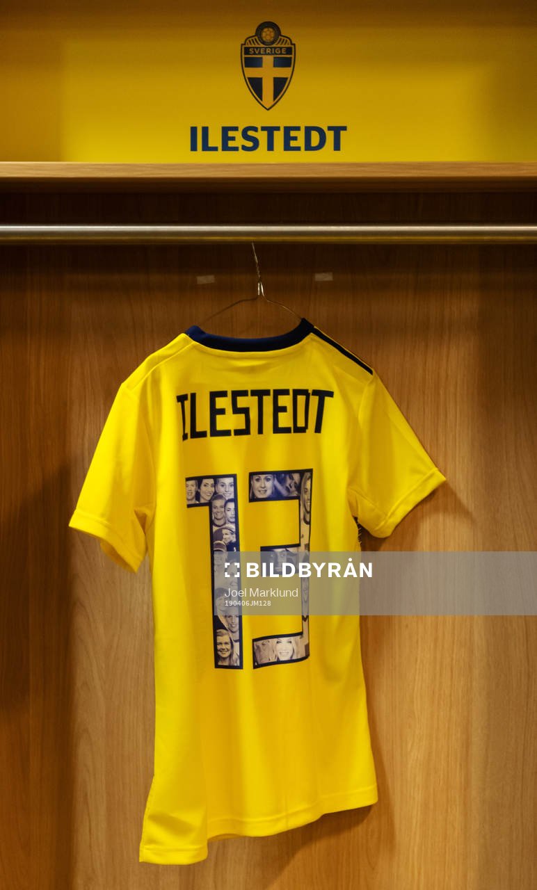 A jersey of Amanda Ilestedt is seen in team Sweden's locker