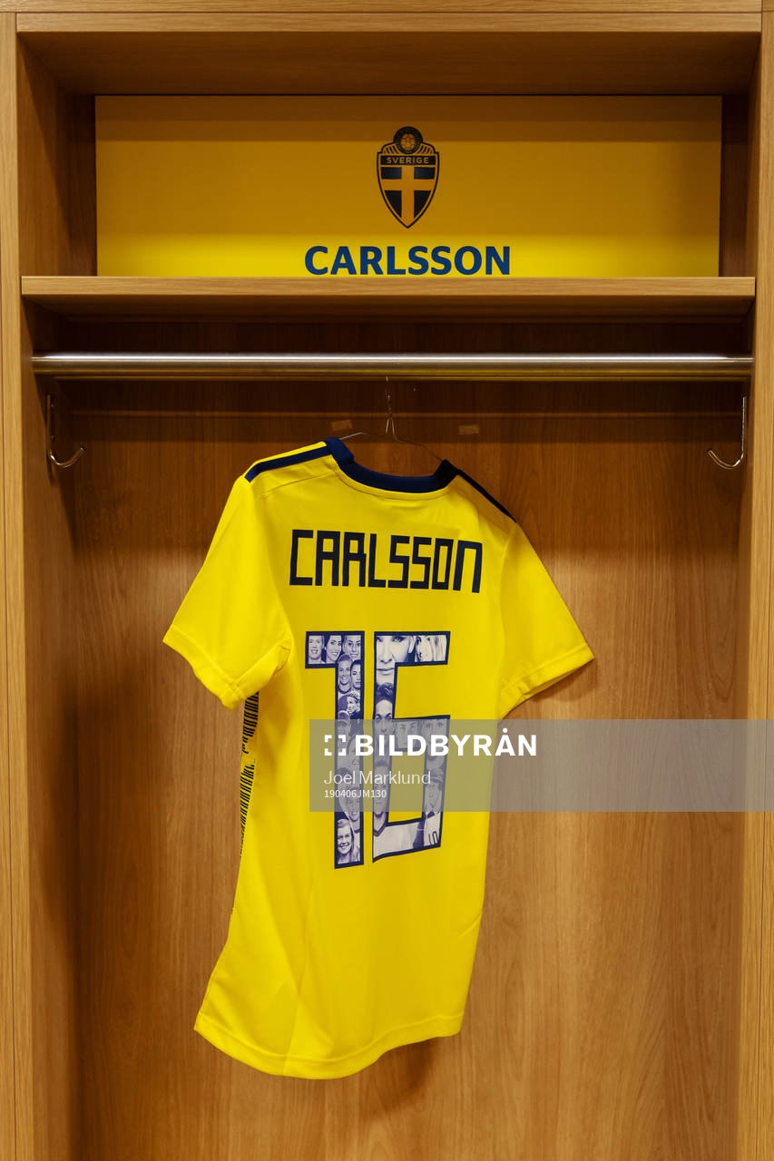A jersey of Mia Carlsson is seen in team Sweden's locker