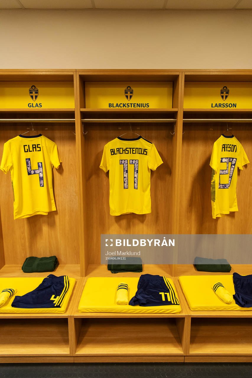 Hanna Glas, Stina Blackstenius and Mimmi Larsson are seen in team Sweden's locker room ahead of the women's international friendly football match between Sweden and Germany on April 6, 2019 in Stockholm.