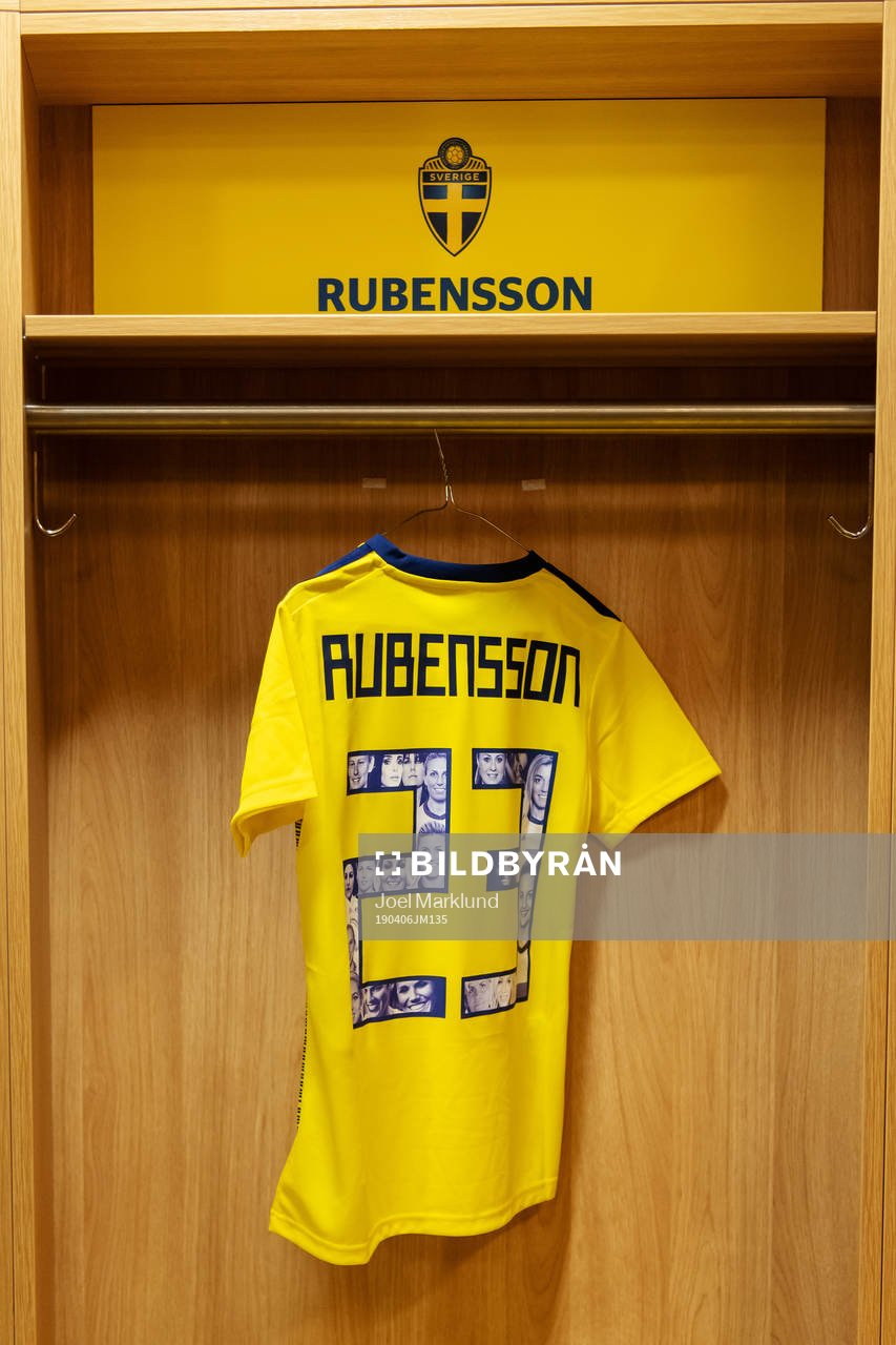 A jersey of Elin Rubensson is seen in team Sweden's locker