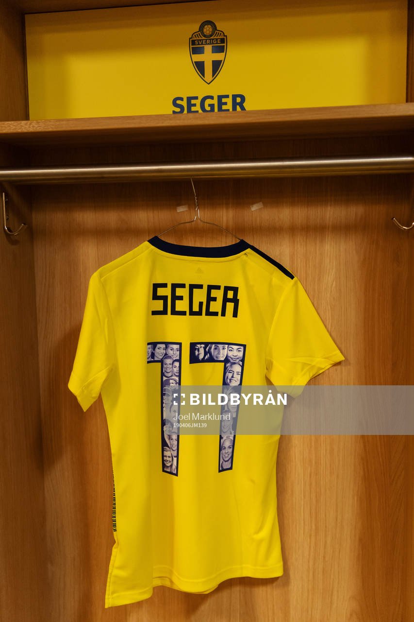 A jersey of Caroline Seger is seen in team Sweden's locker