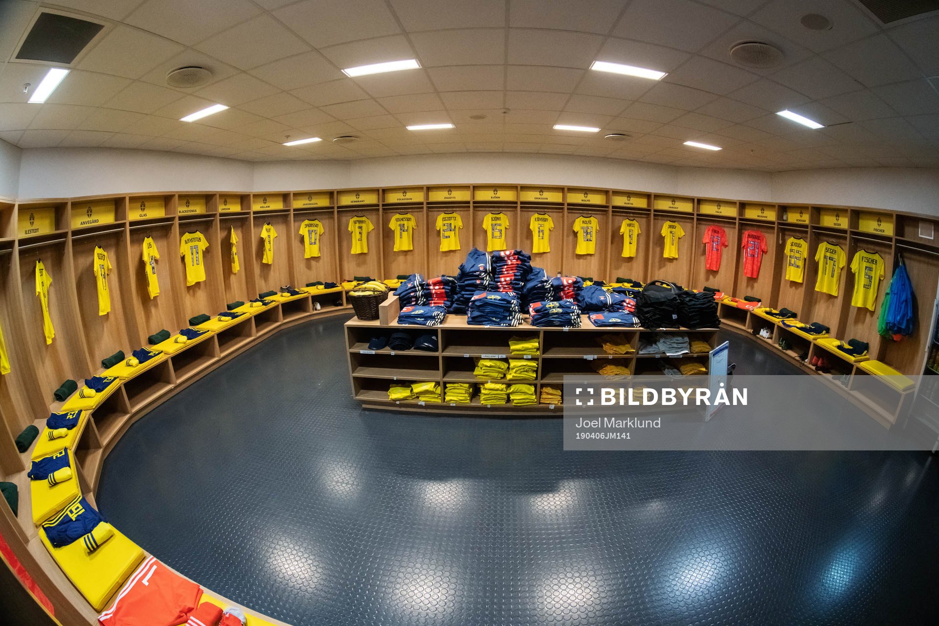Jerseys of players in team Sweden are seen in their locker