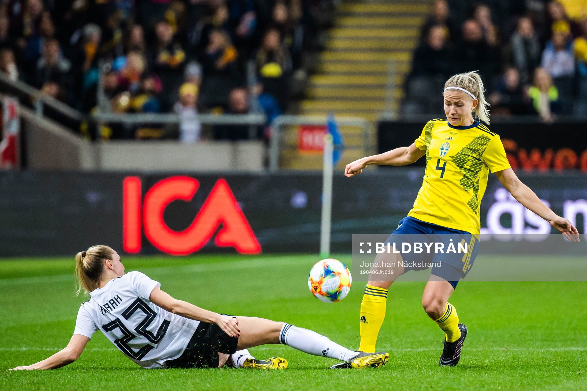 Turid Knaak of Germany and Hanna Glas of Sweden during the women's international friendly football match between Sweden and Germany on April 6, 2019 in Stockholm.