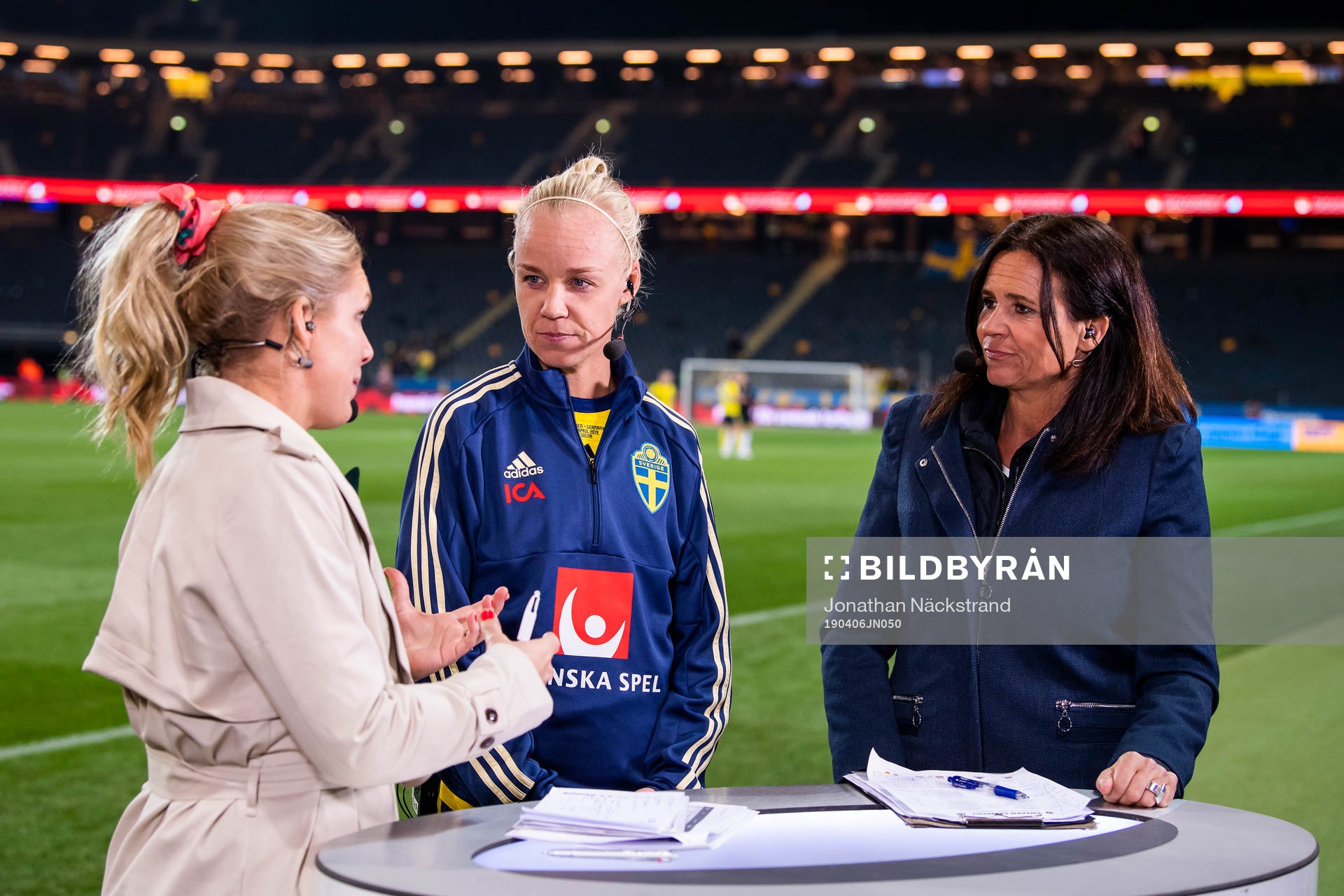 Anna Brolin, Malin Swedberg and Caroline Seger of Sweden in the Cmore Studion after the women's international friendly football match between Sweden and Germany on April 6, 2019 in Stockholm.