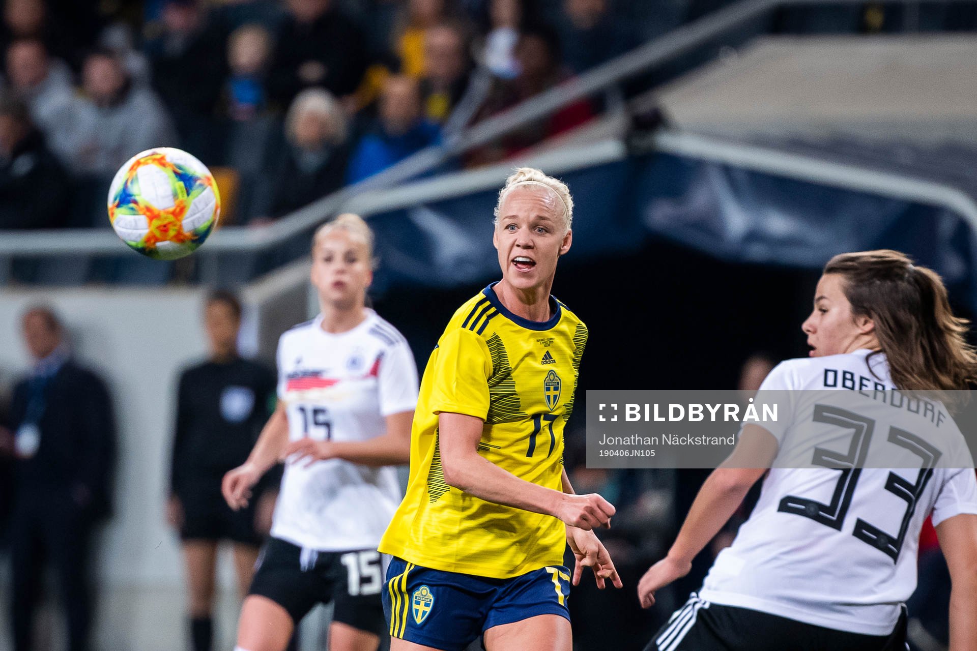 Caroline Seger of Sweden and Lena Sophie Oberdorf of Germany during the women's international friendly football match between Sweden and Germany on April 6, 2019 in Stockholm.