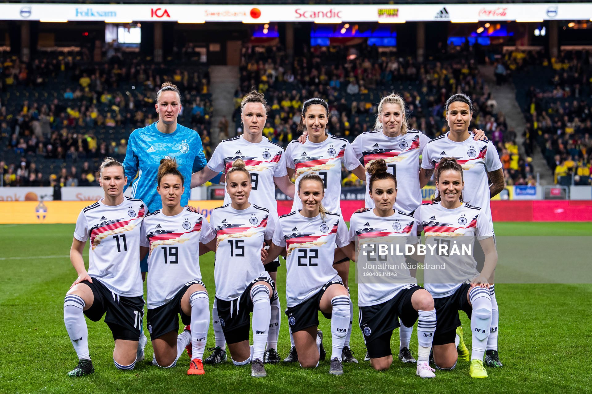 Goalkeeper Almuth Schult, Marina Hegering, Sara Doorsoun, Verena Schweers, Dzsenifer Marozsan, Alexandra Popp, Felicitas Rauch, Giulia Gwinn, Turid Knaak, Lina Magull and Melanie Leupolz of Germany poses for a team group photo ahead of the women's international friendly football match between Sweden and Germany on April 6, 2019 in Stockholm.
