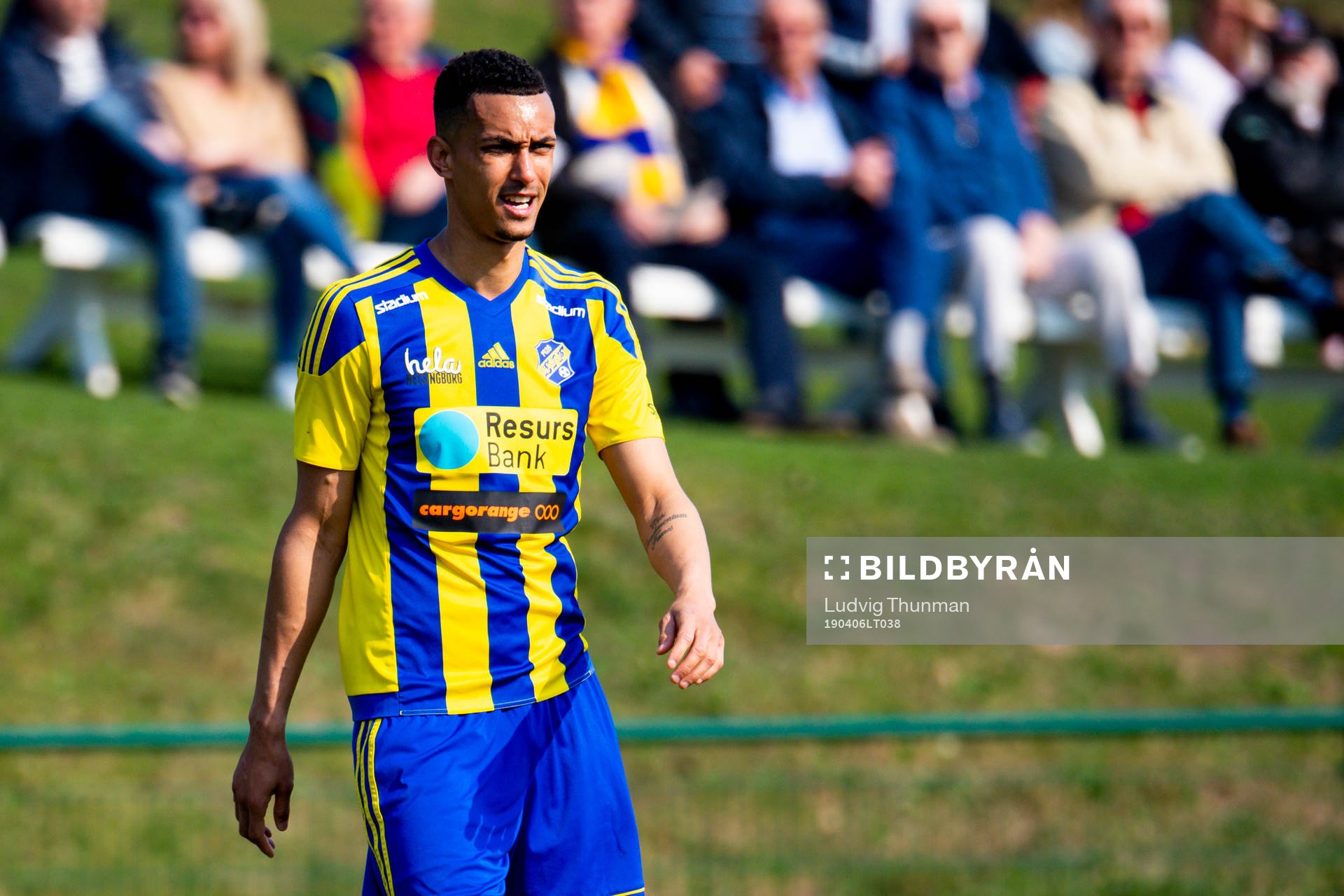 Eskilsminnes Samuel Aziz under fotbollsmatchen i Division 1 Södra mellan Eskilsminne och Åtvidaberg den 6 april 2019 i Helsingborg.