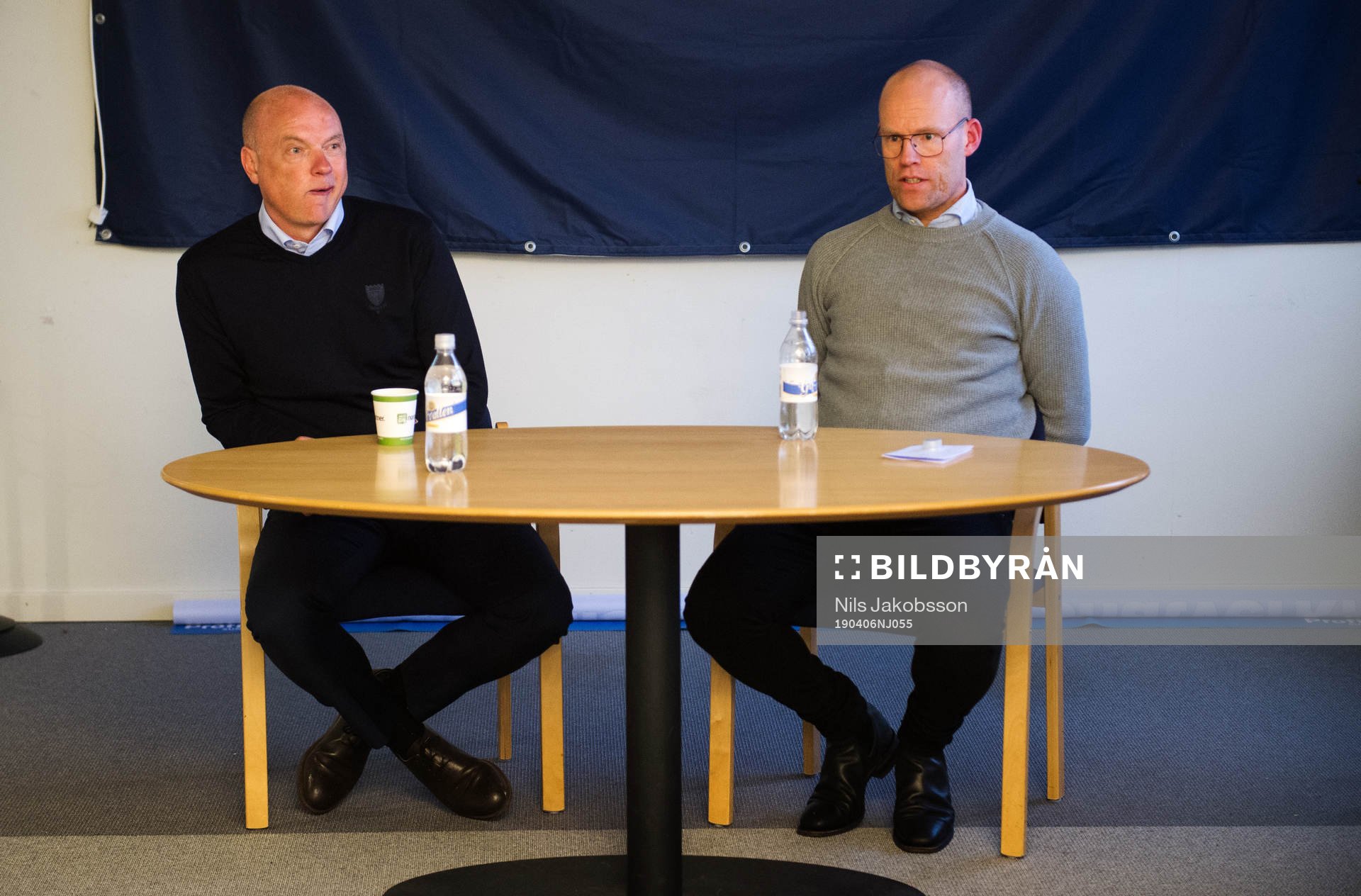 Malmö FFs tränare Uwe Rösler och Sundsvalls tränare Joel Cedergren på presskonferens efter fotbollsmatchen i Allsvenskan mellan GIF Sundsvall och Malmö FF den 6 april 2019 i Sundsvall.