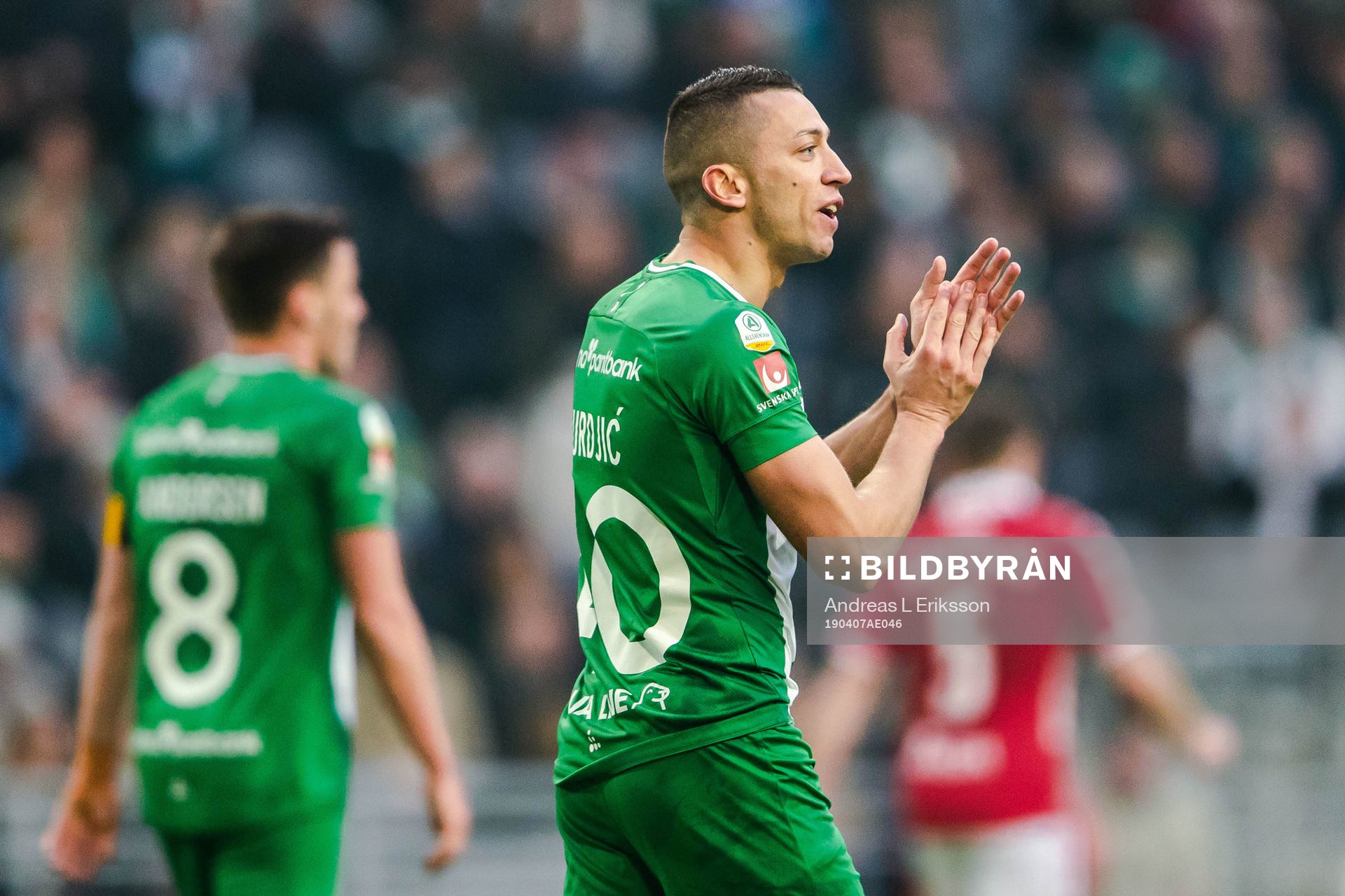 Hammarbys Nikola Djurdjic jublar under fotbollsmatchen i Allsvenskan mellan Hammarby och Kalmar den 7 april 2019 i Stockholm. 