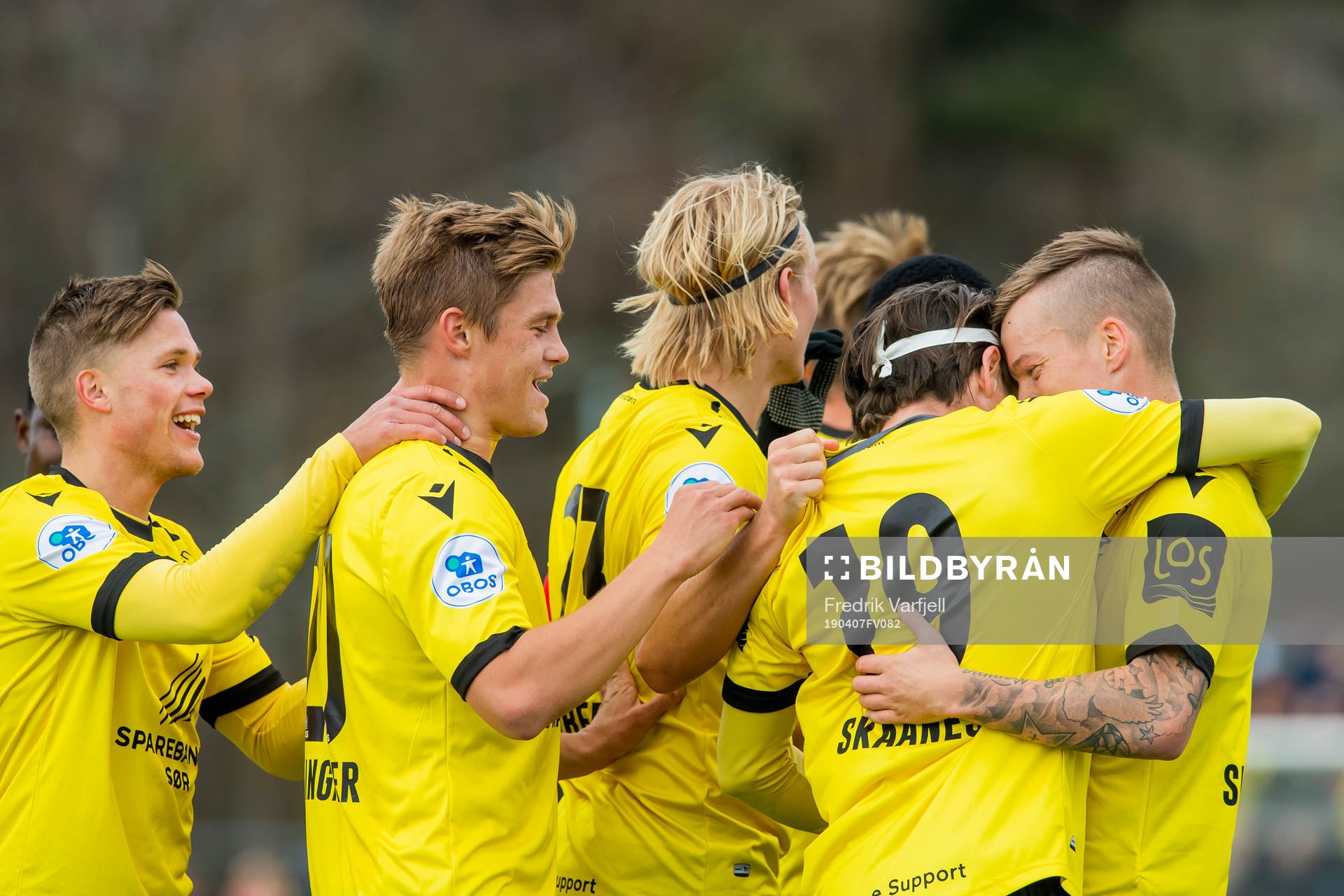 Kasper Skaanes of Start celebrates with his teammates after scoring 0-2 during the OBOS-ligaen match between KFUM and Start on April 7, 2019 in Oslo.