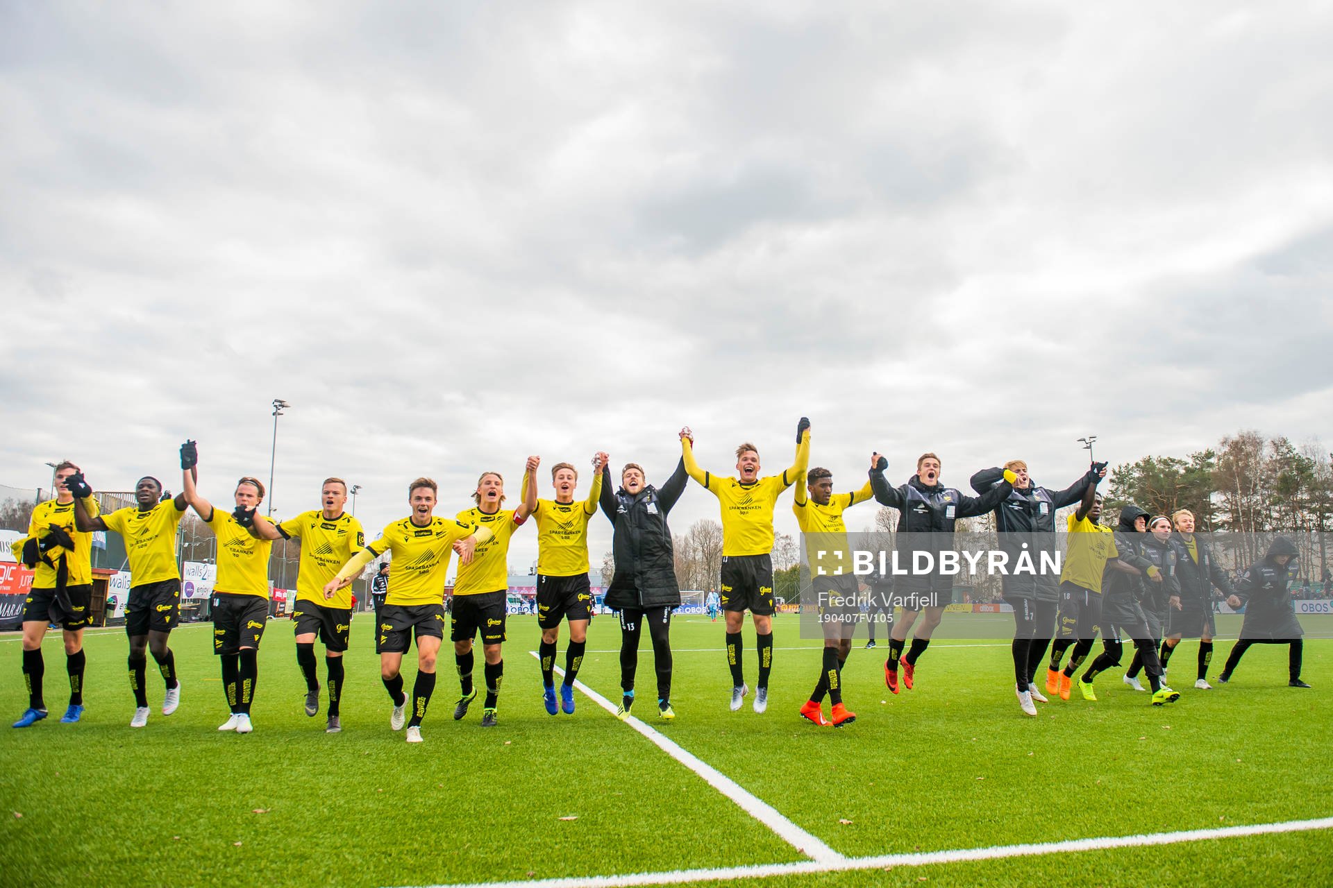 The players of Start celebrate after the OBOS-ligaen match between KFUM and Start on April 7, 2019 in Oslo. 