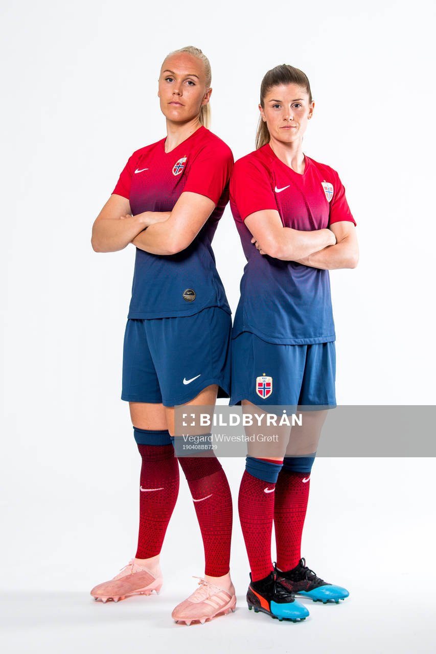 Maria Thorisdottir and Maren Mjelde of Norway pose for a