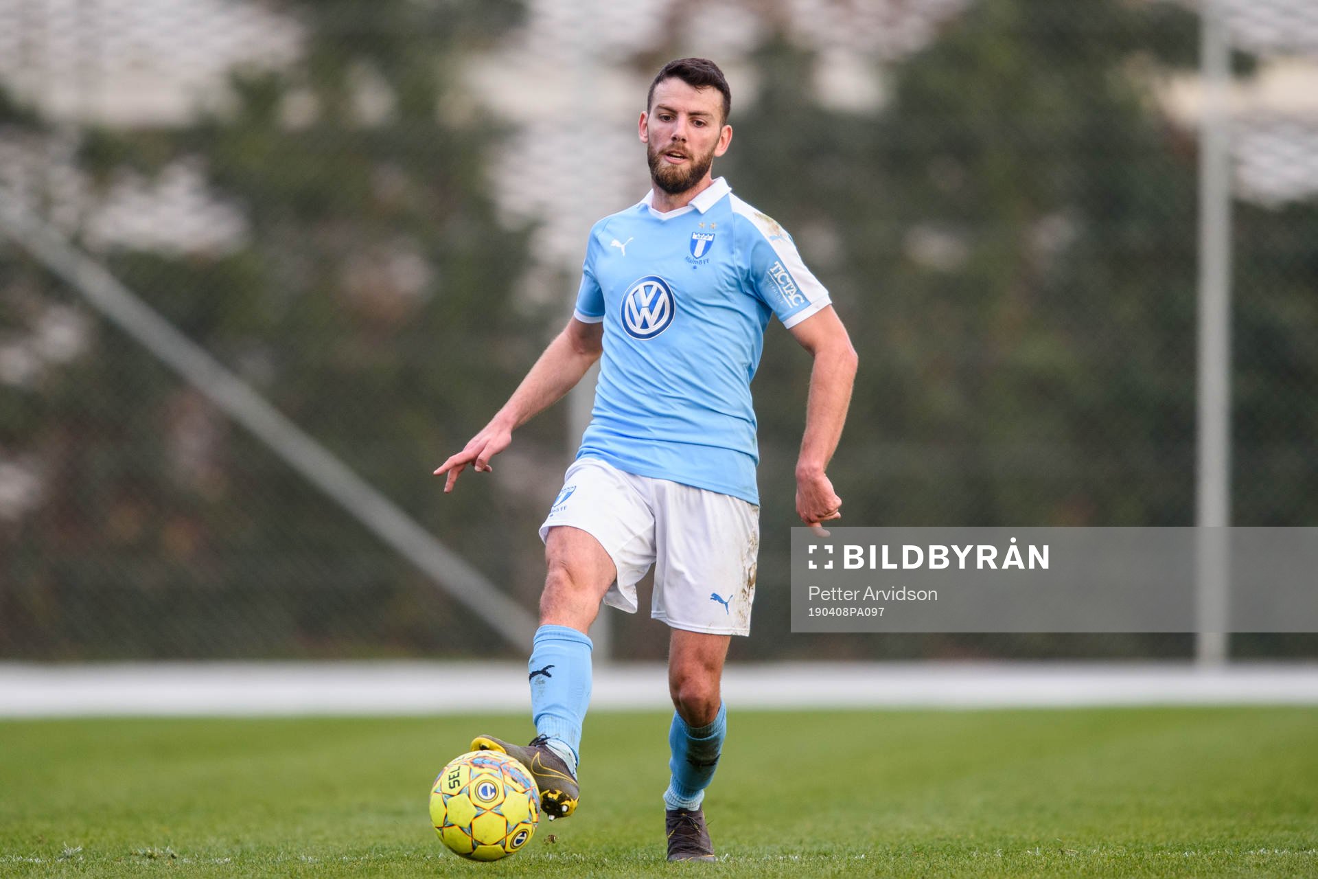 Malmö FFs Erdal Rakip under fotbollsmatchen i U21 Allsvenskan mellan Malmö FF och BK Häcken den 8 april 2019 i Malmö.