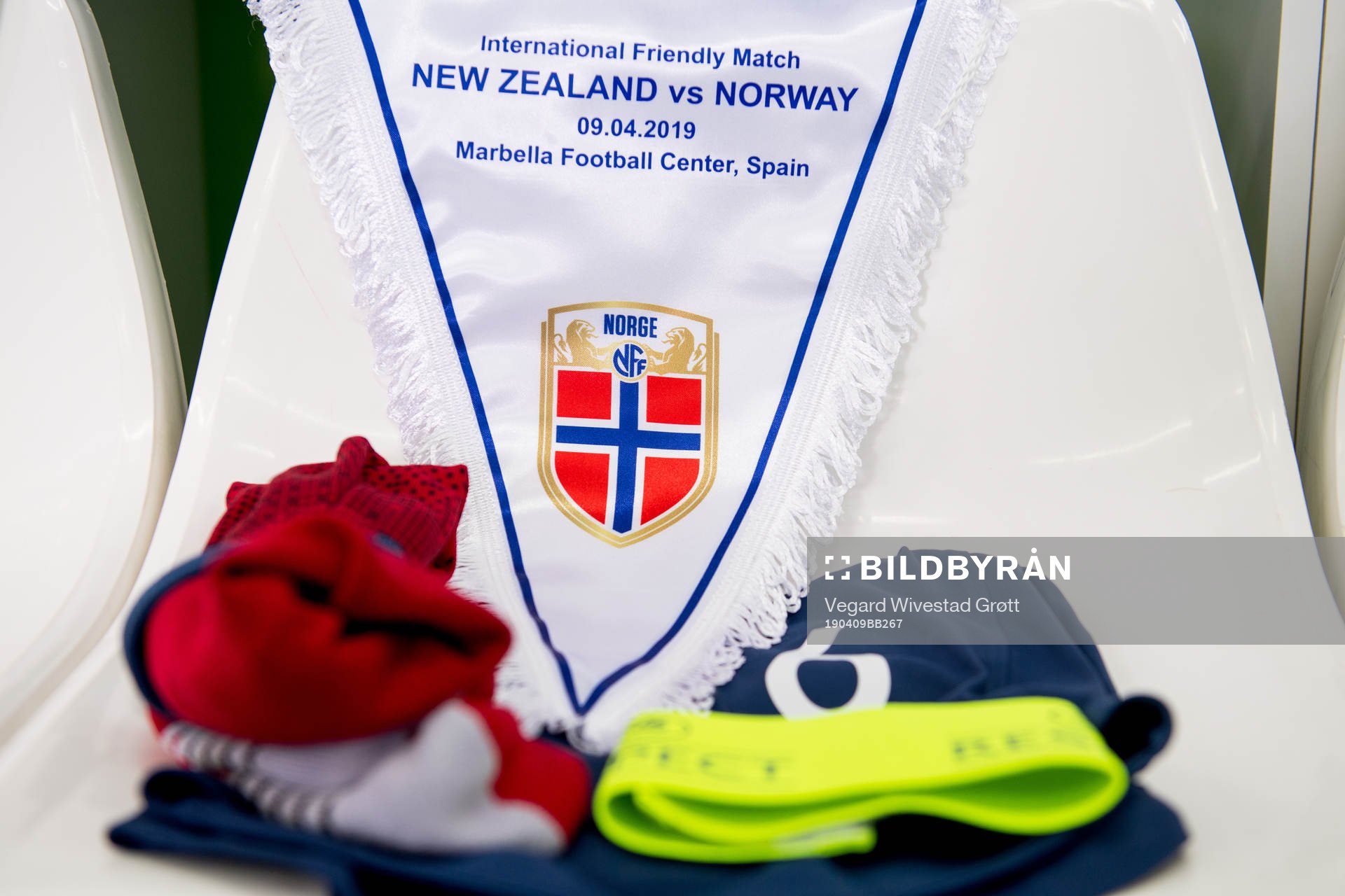 The pennant of Norway in the dressing room ahead of the women's international friendly football match between Norway and New Zealand on April 9, 2019 in Marbella.