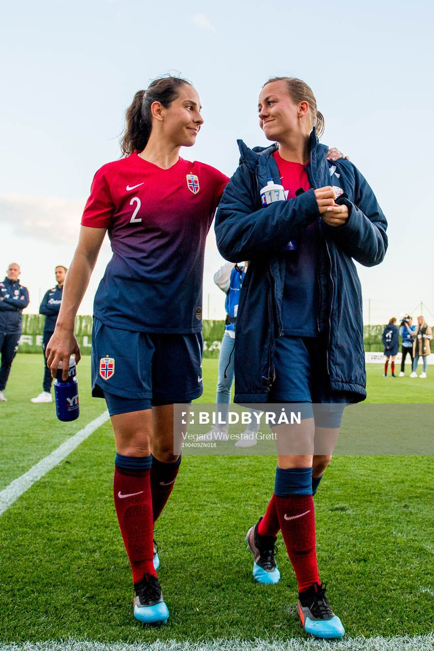 Ingrid Moe Wold and Kristine Minde of Norway after the women's international friendly football match between Norway and New Zealand on April 9, 2019 in Marbella.