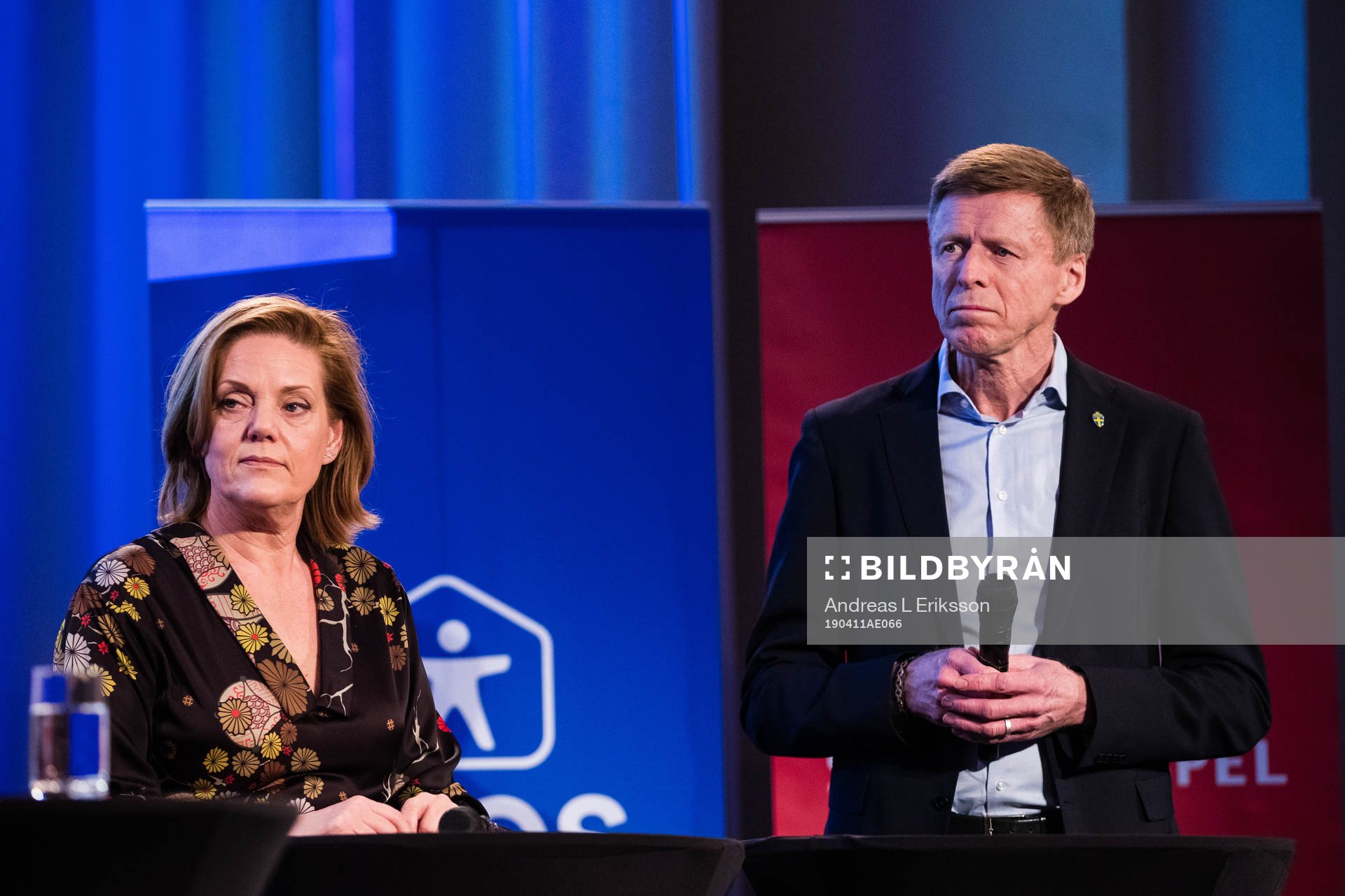 Annika Grälls, ordförande Elitfotboll Dam och Jörgen Eriksson, vice ordförande Svenska Fotbollförbundet under upptaktsträffen för Damallsvenskan i fotboll den 11 april 2019 i Stockholm.