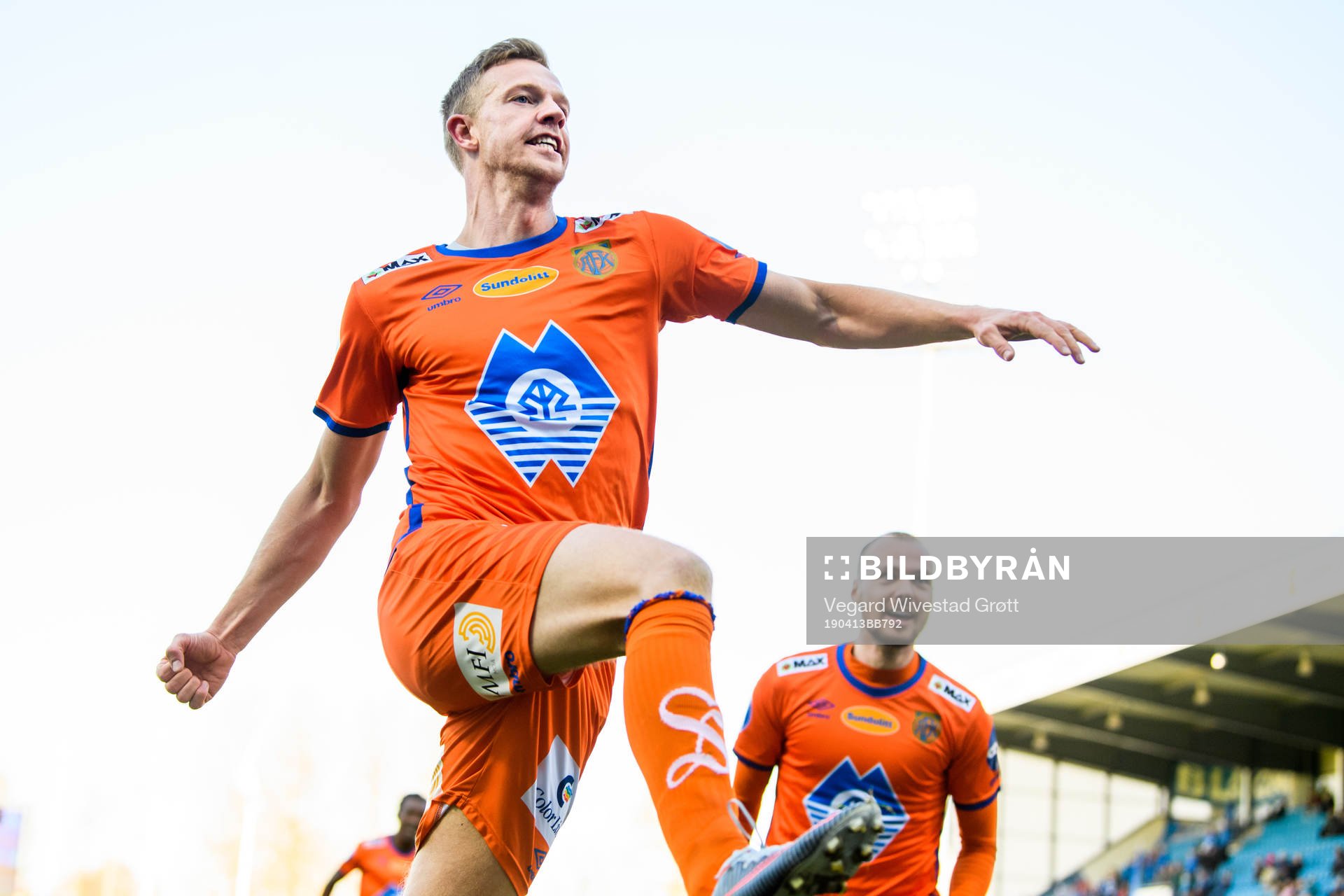 Peter Orry Larsen of Aalesund celebrates after the 0-1 goal during the OBOS-ligaen football match between Sandefjord and Aalesund on April 13, 2019 in Sandefjord.