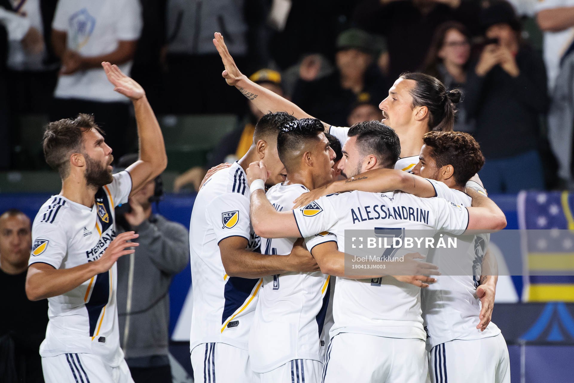 Zlatan Ibrahimovic of LA Galaxy celebrates with teammates