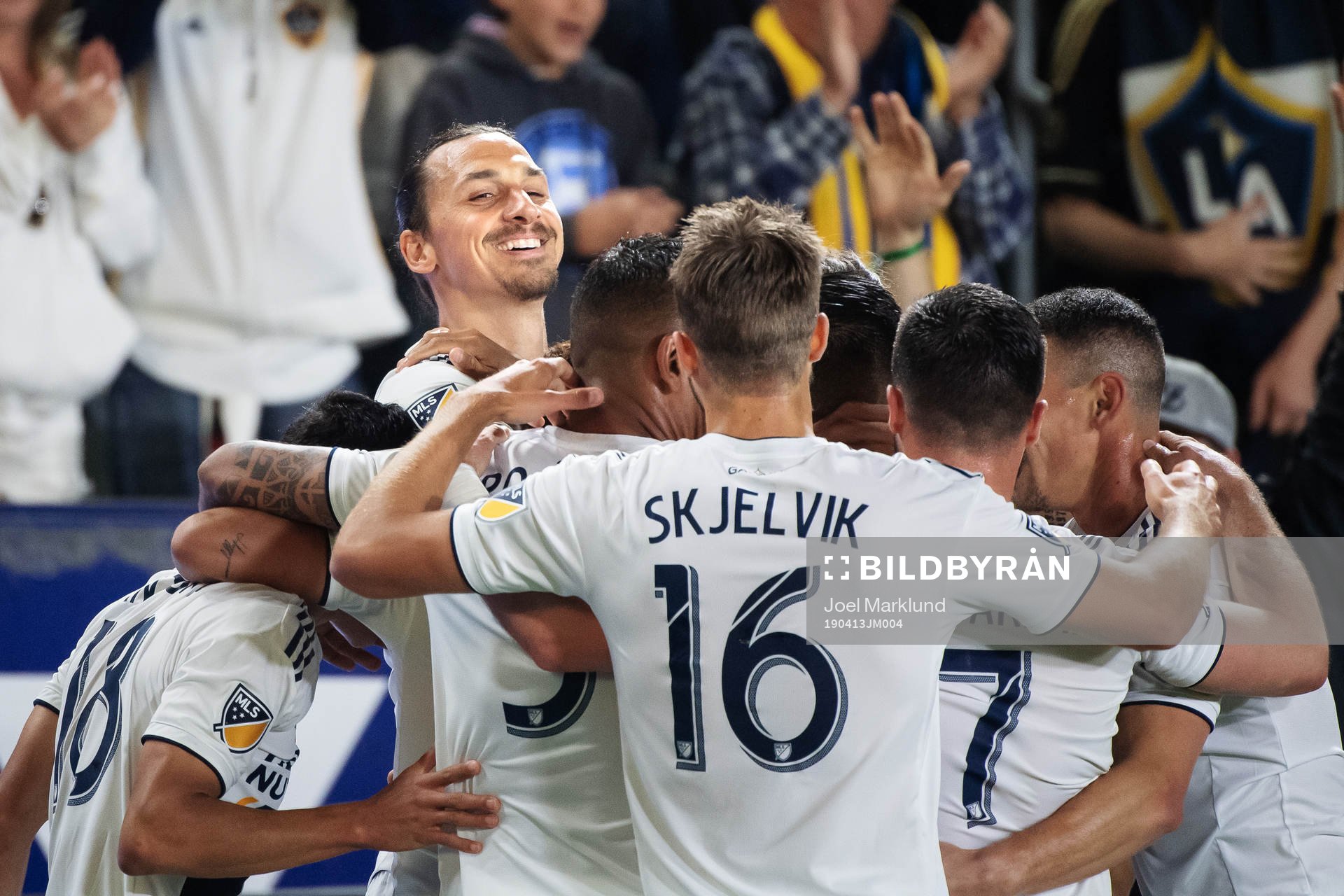 Zlatan Ibrahimovic of LA Galaxy celebrates with teammates after scoring 1-0 during the MLS regular season football match between LA Galaxy and Philadelphia Union on April 13, 2019 in Los Angeles.