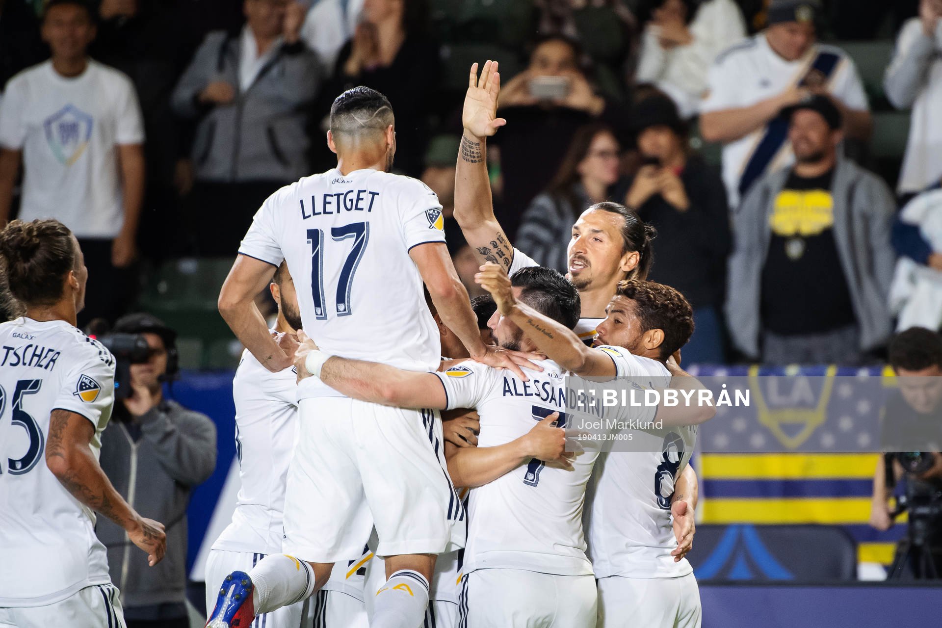 Zlatan Ibrahimovic of LA Galaxy celebrates with teammates after scoring 2-0 during the MLS regular season football match between LA Galaxy and Philadelphia Union on April 13, 2019 in Los Angeles.