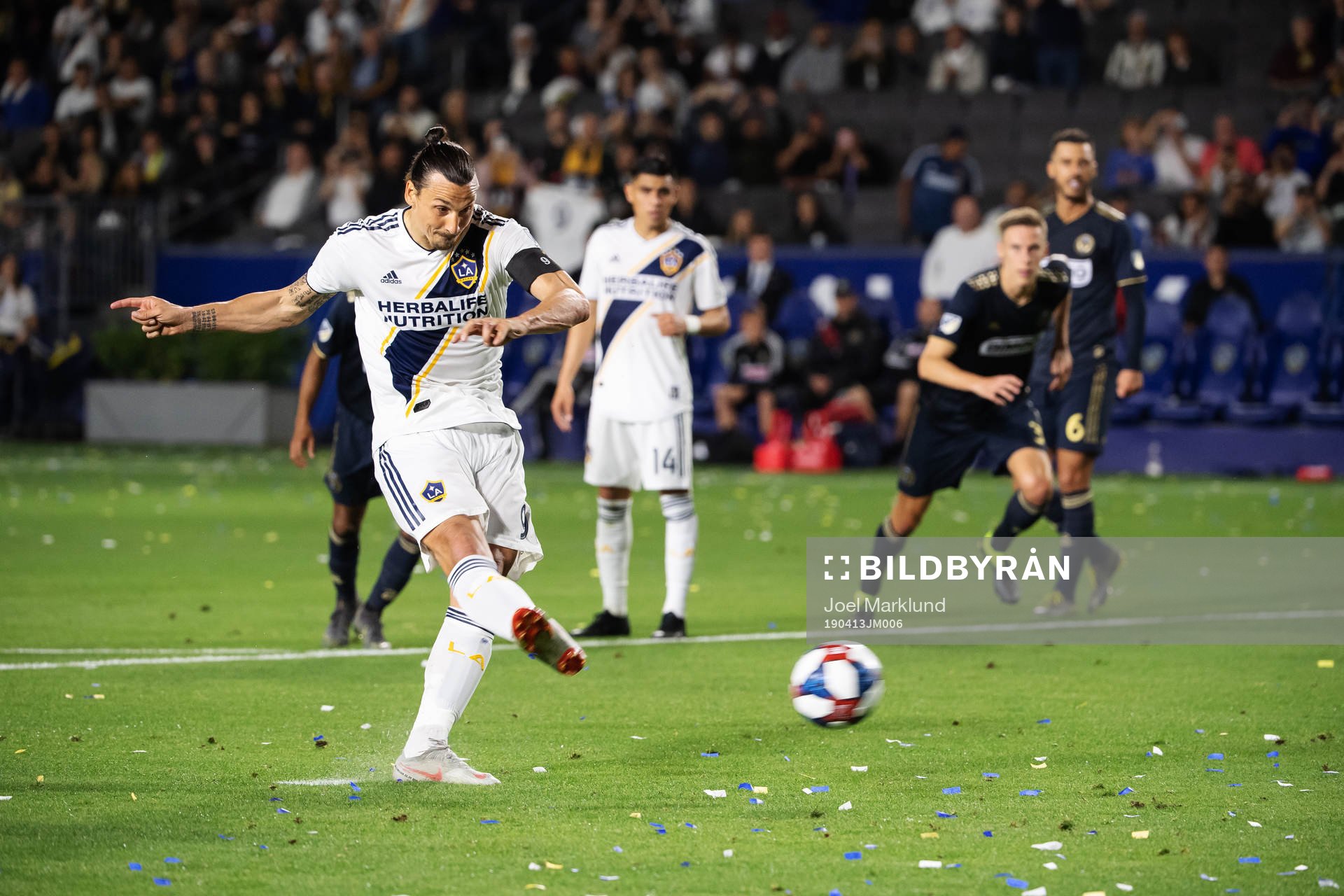 Zlatan Ibrahimovic of LA Galaxy scores 2-0 at a penalty kick