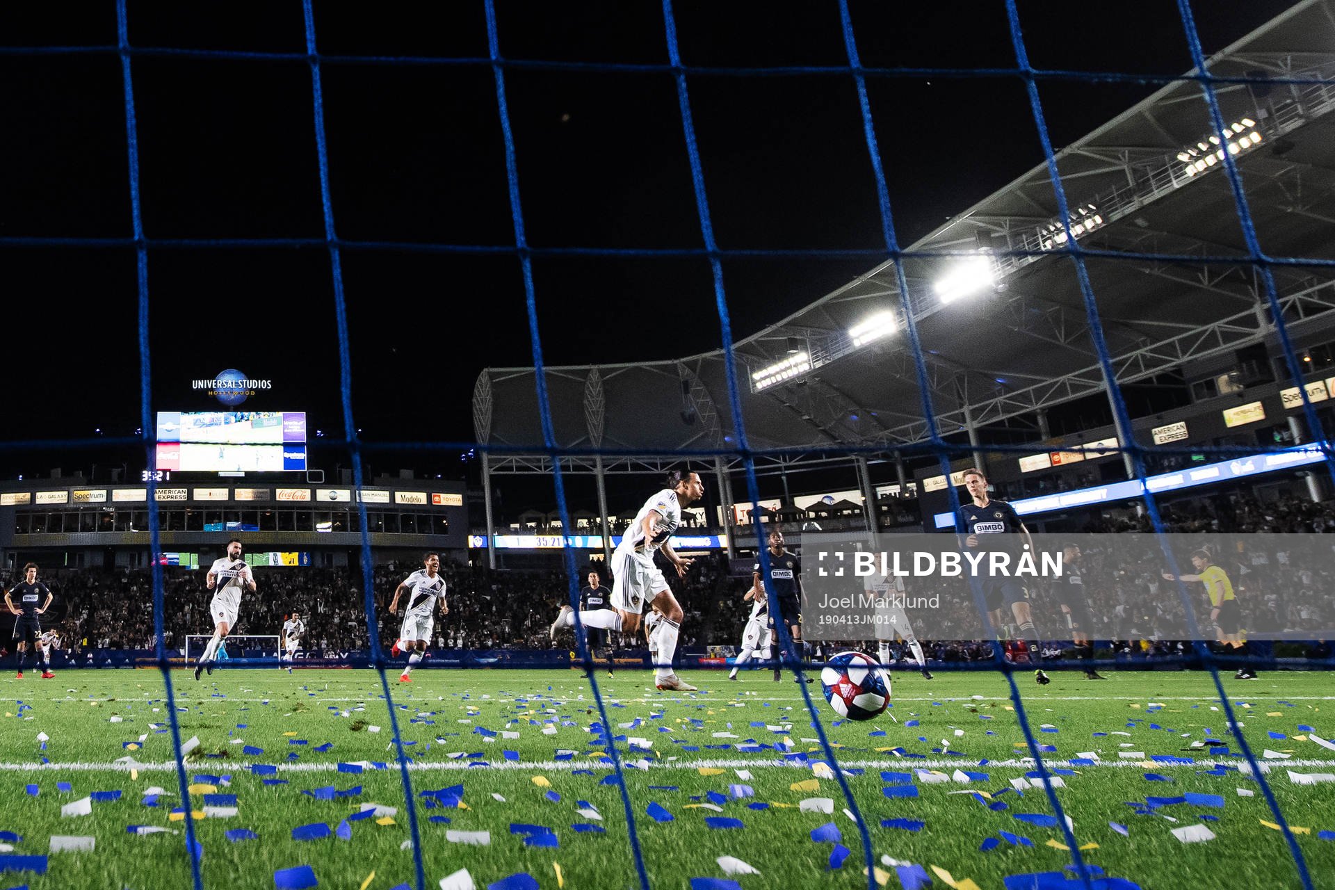 Zlatan Ibrahimovic of LA Galaxy celebrates with teammates after scoring 2-0 during the MLS regular season football match between LA Galaxy and Philadelphia Union on April 13, 2019 in Los Angeles.